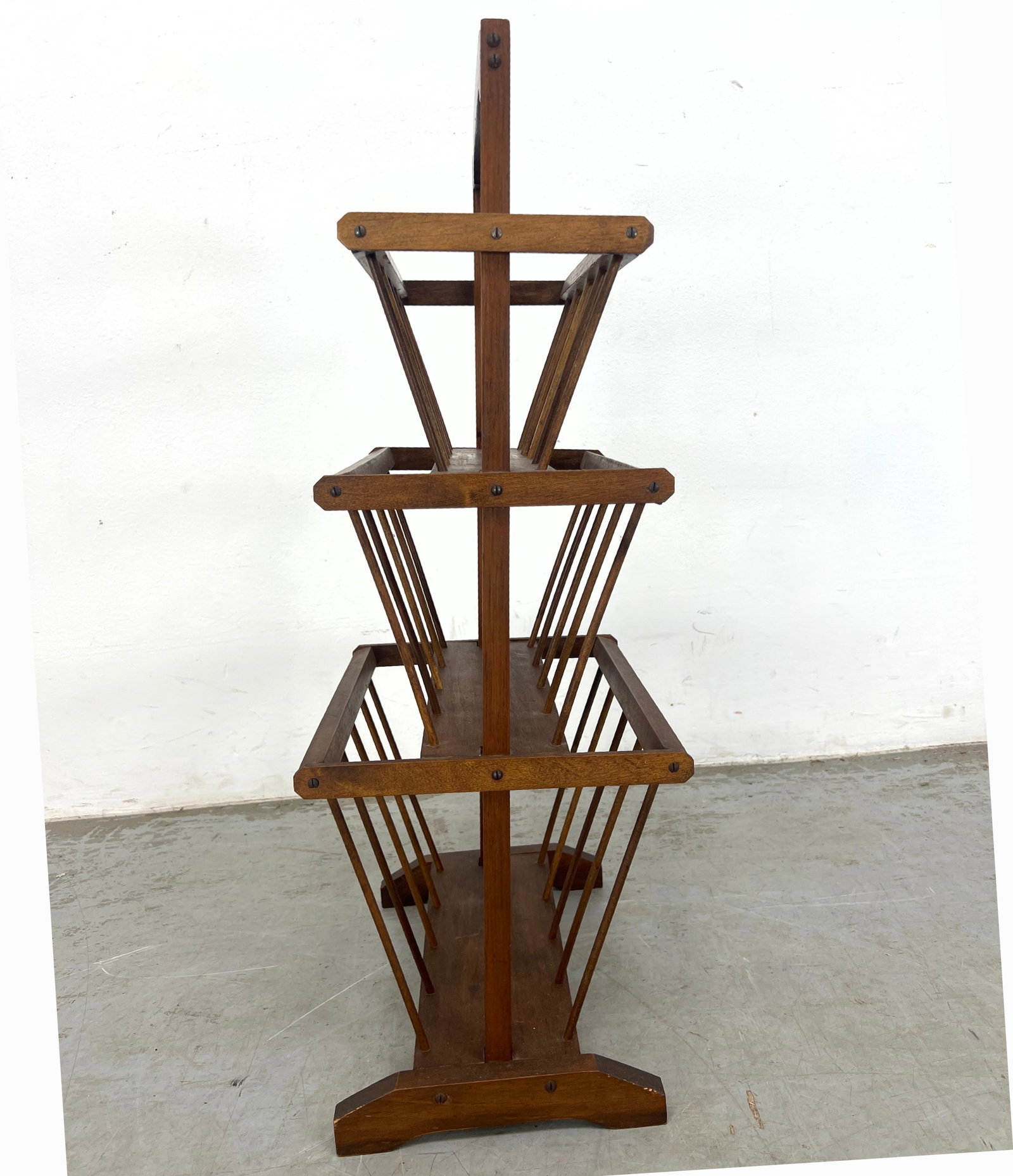 3 tier wooden spindle magazine rack Stand.: 3 tier wooden spindle magazine rack Stand. Dimensions: Height: 30 inches, Width: 14.5 inches, Depth: 9.5 inches. --- - We offer curbside delivery for most items to NYC, Manhattan, Close Brooklyn, Hobo
