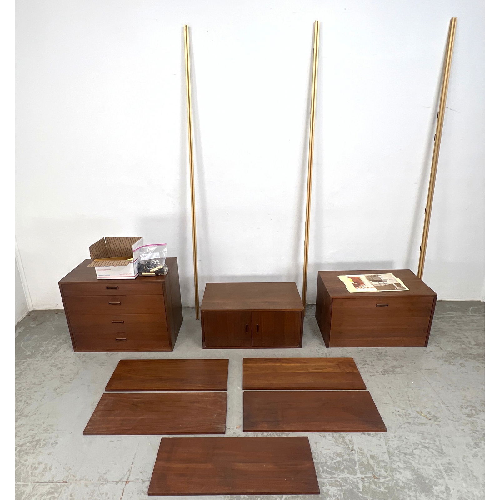 OMNI Danish Modern Teak Wall Unit. Shelving Unit. 3 Cabinets, 3 Uprights, 5 Shelves. (1 of 20)