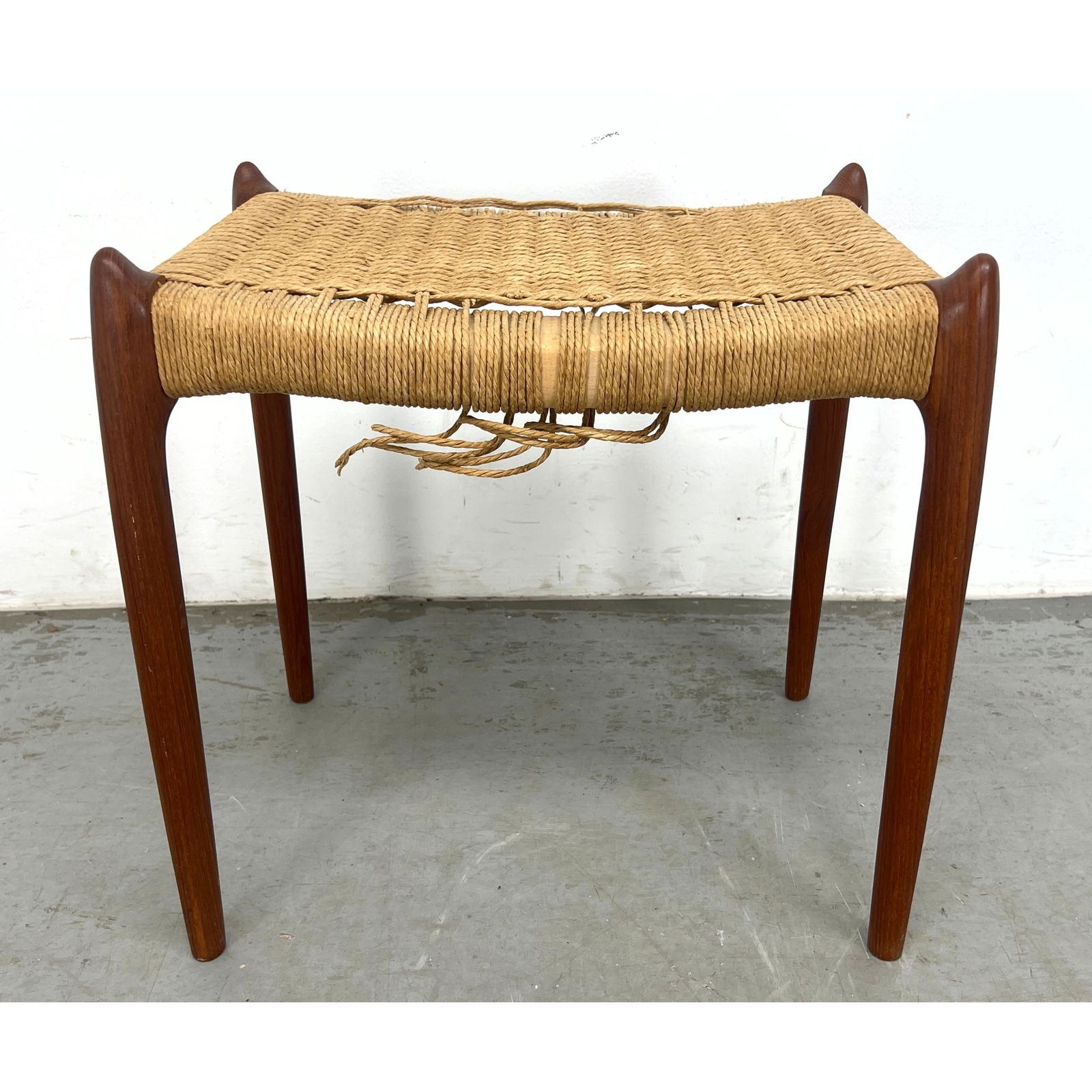 JL MOLLER Danish Modern Teak Stool Bench. Woven Seat. Branded Moller Mark. (1 of 8)