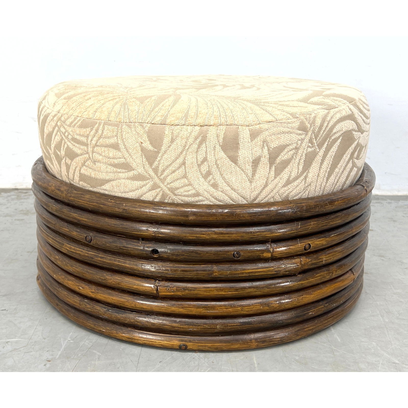 McGuire style round rattan ottoman stool. Unmarked. (1 of 7)