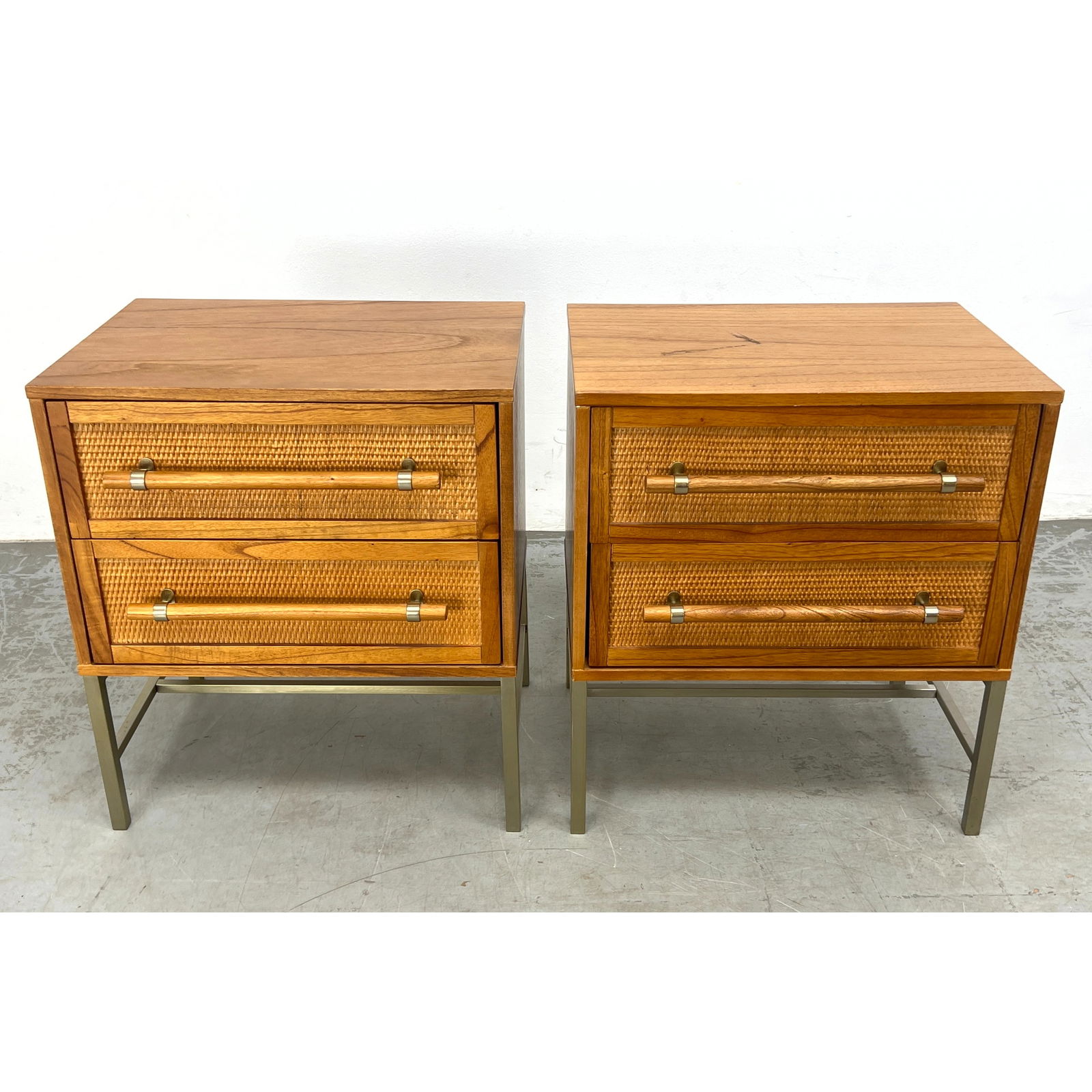 Pair Side Table Night Stands with Rattan Fronts. Wood Dowel Handles. Contemporary. (1 of 14)