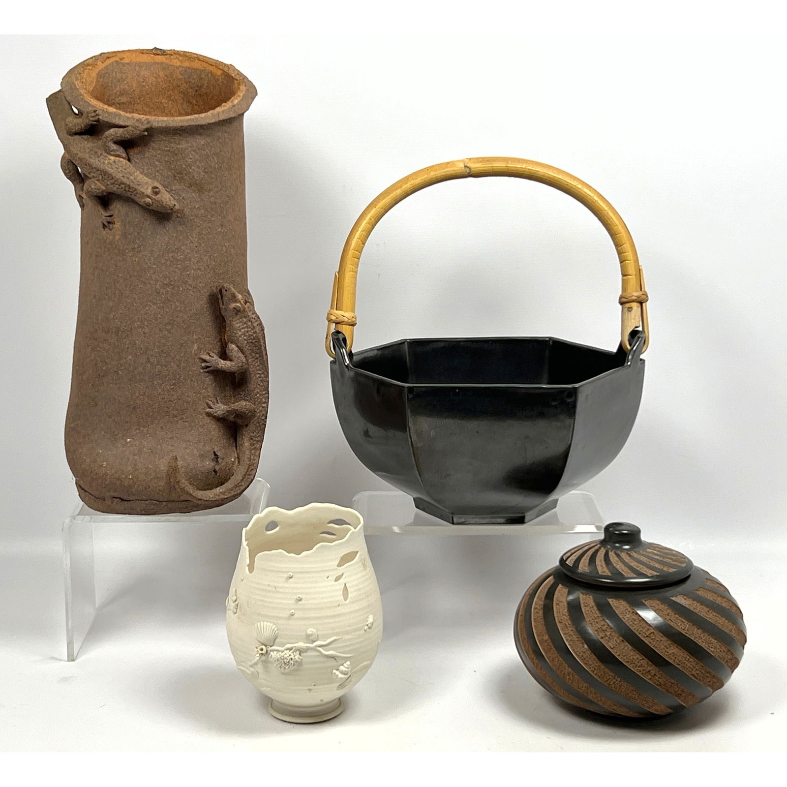 4pc Artisan Studio Pottery Vessels. Tall Applied Lizard Vase. 2) Gunmetal Glazed Basket with Bamboo (1 of 20)