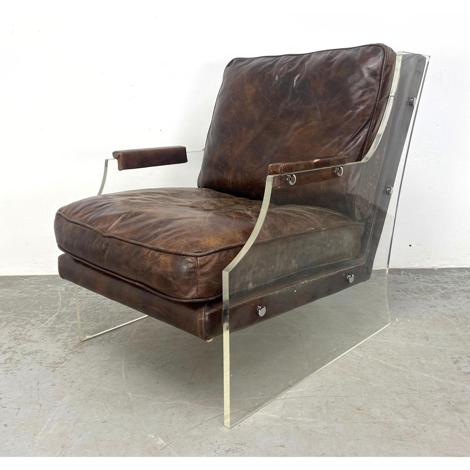 Brown Leather Lucite Frame Modernist Lounge Chair. Shaped Acrylic Sheet Sides Support "Floating" Lea (1 of 9)