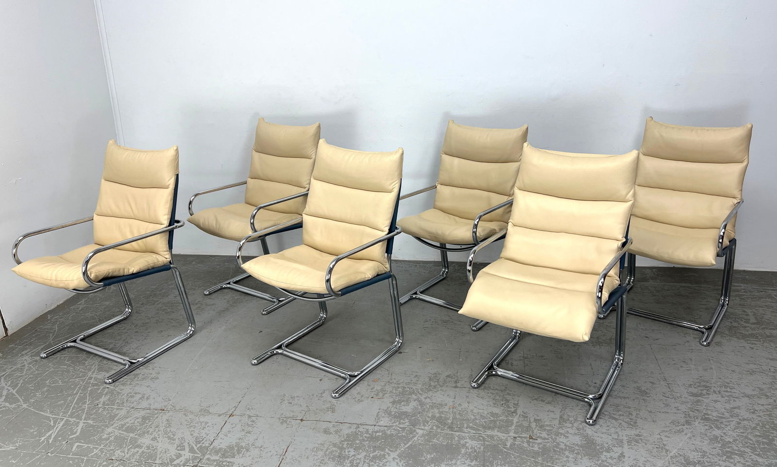 set of 6 Tubular Chrome Cantilever Style Arm Chairs by Cosco Inc after Milo Baughman. Chrome frames. (1 of 20)