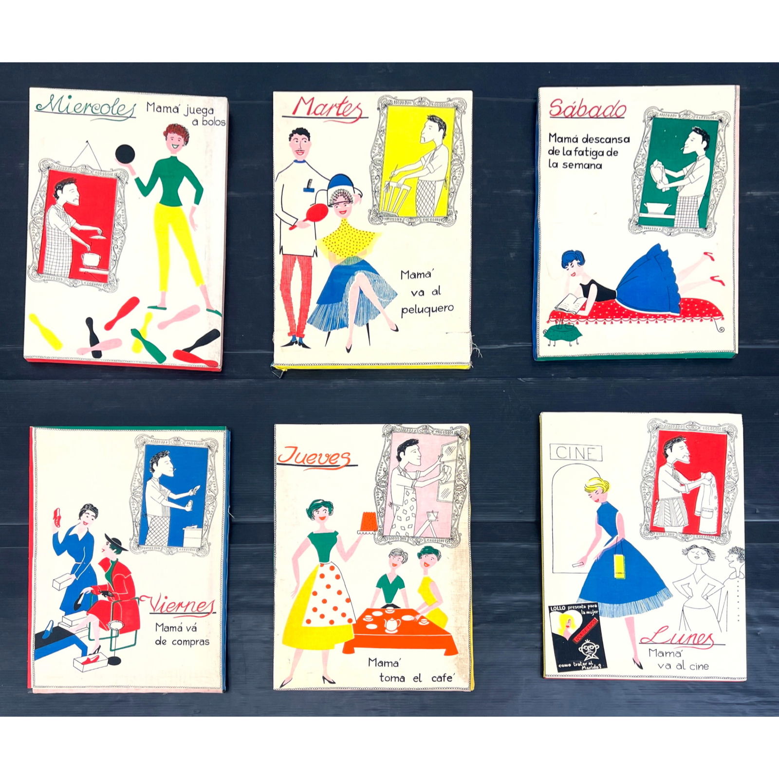 Set 6 Printed Fabric Panels on stretcher. French Advertising.: Set 6 Printed Fabric Panels on stretcher. French Advertising. Dimensions: Height: 24 inches, Width: 18 inches. --- US Packing and Shipping charge: In house shipping available. Will be calculated once