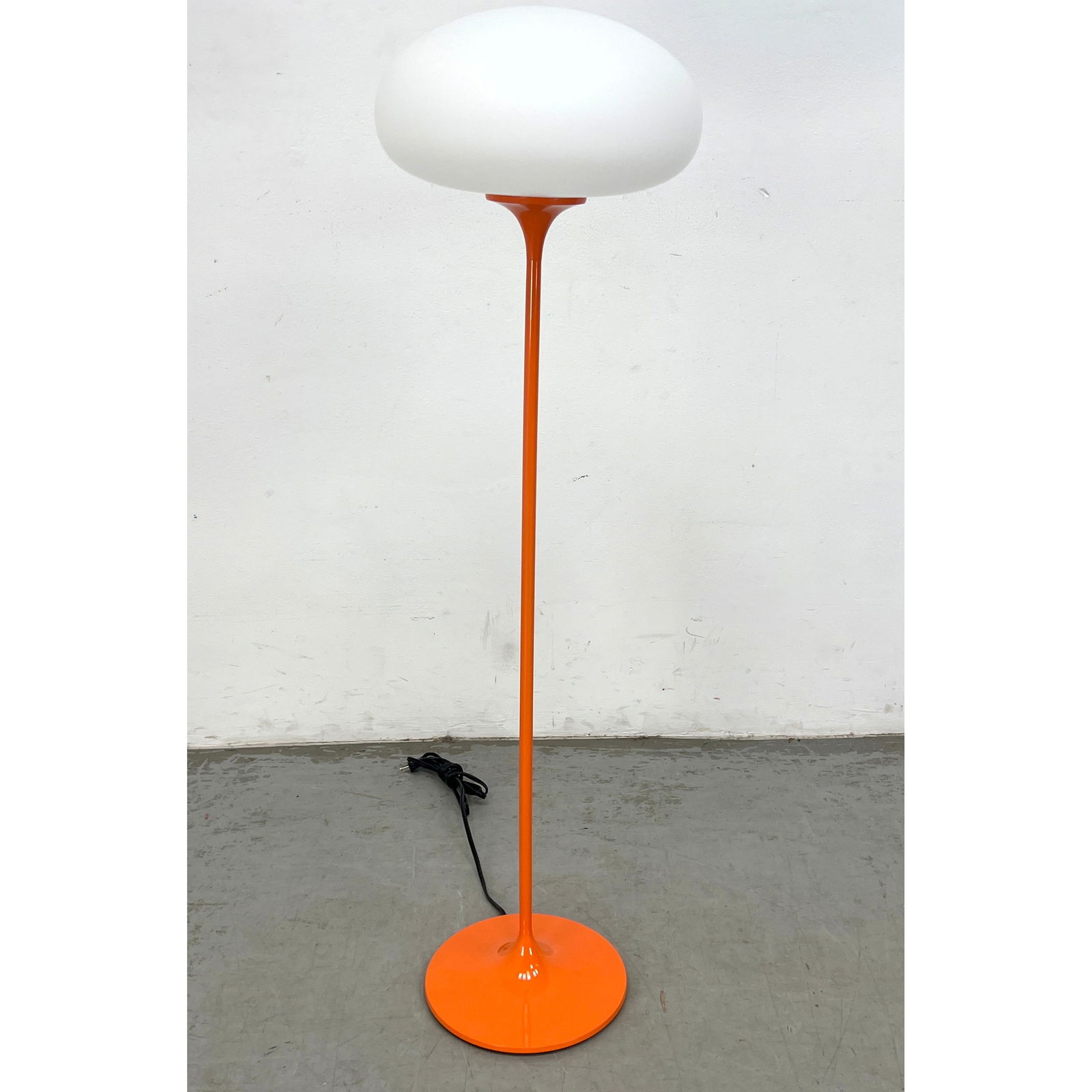 DESIGNLINE Orange Enamel Floor Lamp. Frosted White Glass Mushroom Shade. Modern Lighting. Label. (1 of 7)
