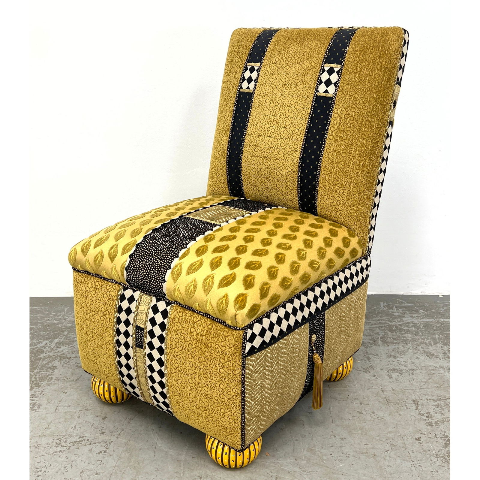 ROBERT A HARMAN Harlequin style Upholstered Side Chair. Gold, Black and White Checkerboard Patchwork (1 of 12)