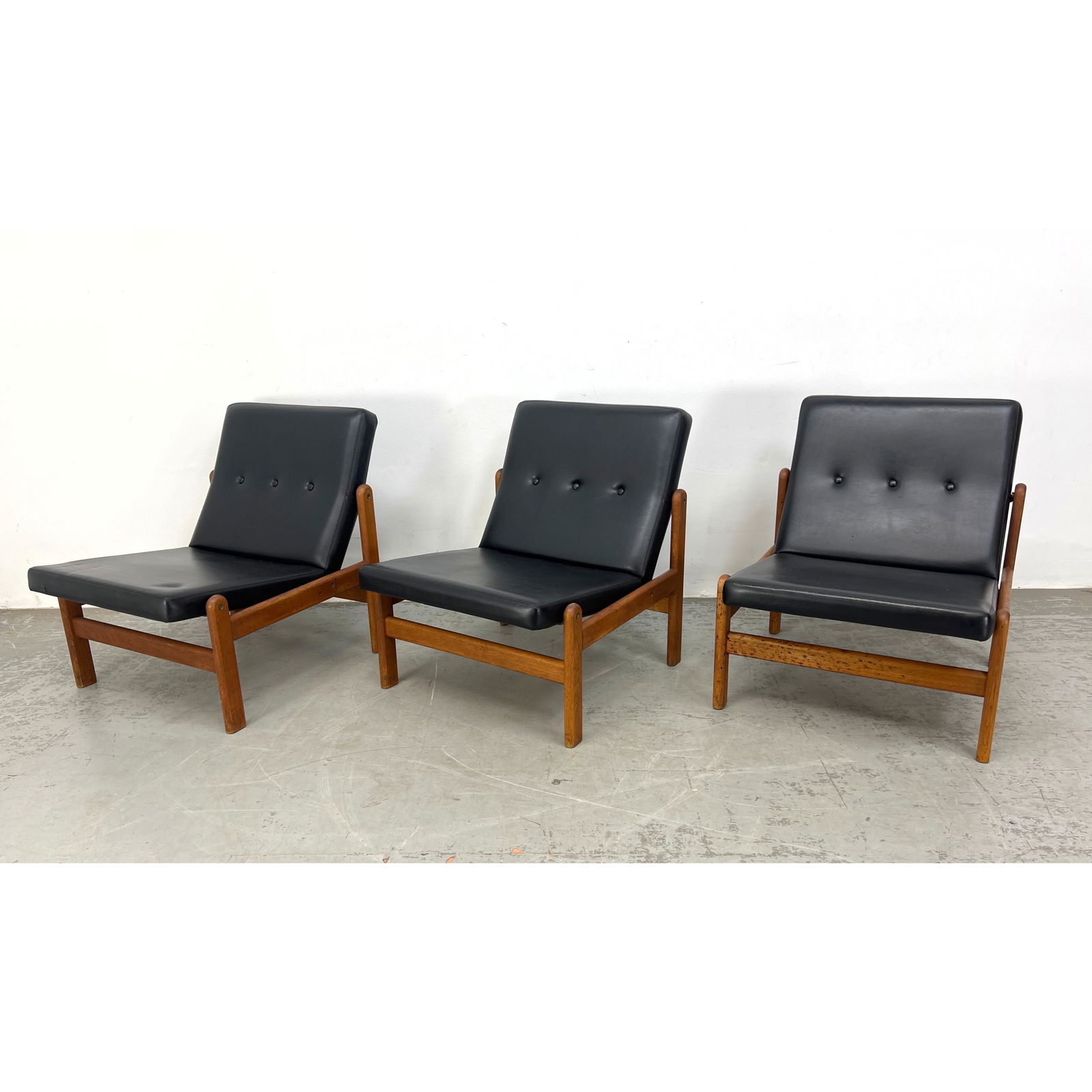 Set of 3 Jorgen Baekmark for FDB Mobler Leather and Oak Danish Lounge Chairs, Modular, Stamped on Fr: Set of 3 Jorgen Baekmark for FDB Mobler Leather and Oak Danish Lounge Chairs, Modular, Stamped on Frame Dimensions: Height: 28 inches, Width: 24 inches, Depth: 31.5 inches. - Seat Height: 15.25 inches