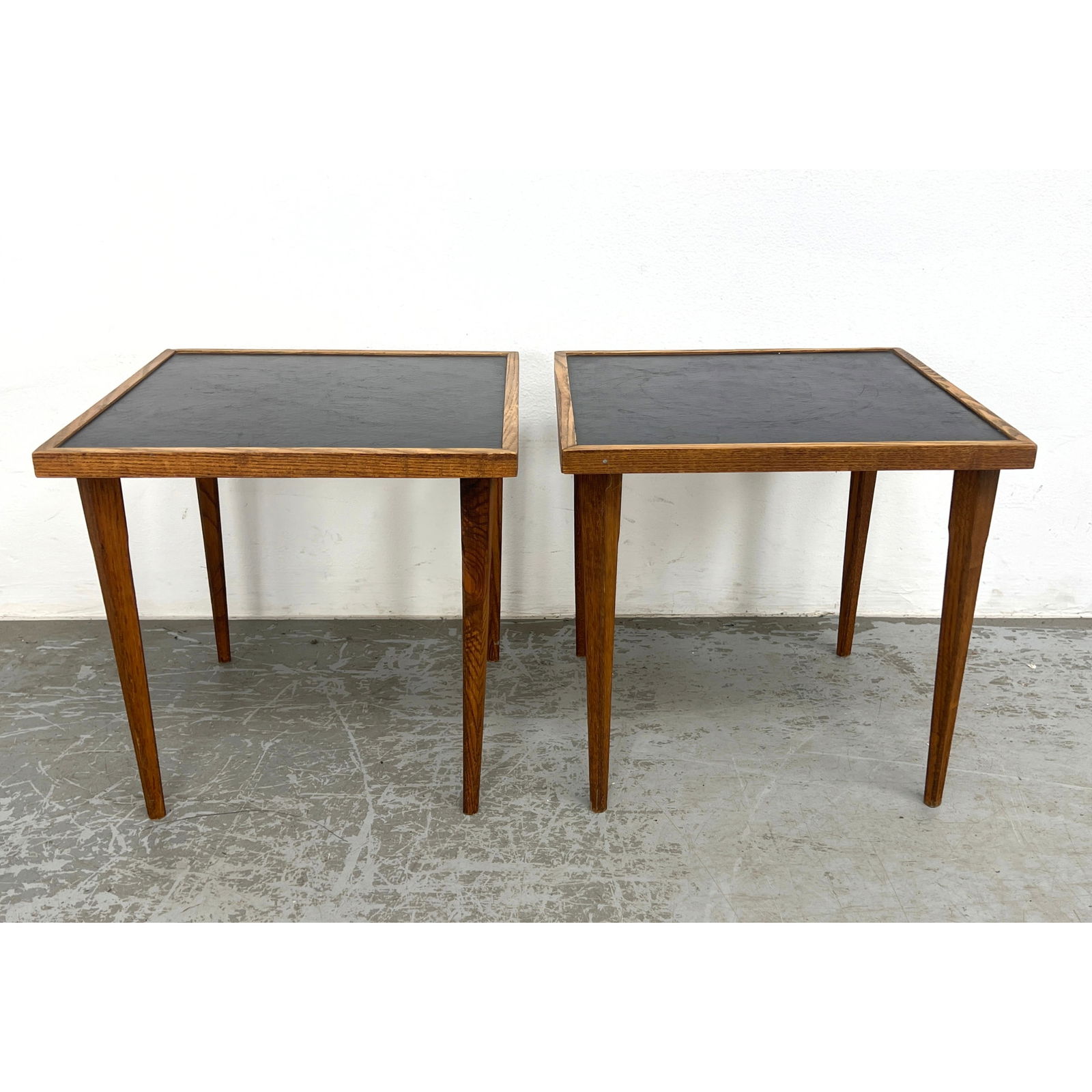 Pr MCM Square End Side Tables. Wood frames Black Inset Top. Tapered Legs. Not Marked. (1 of 11)