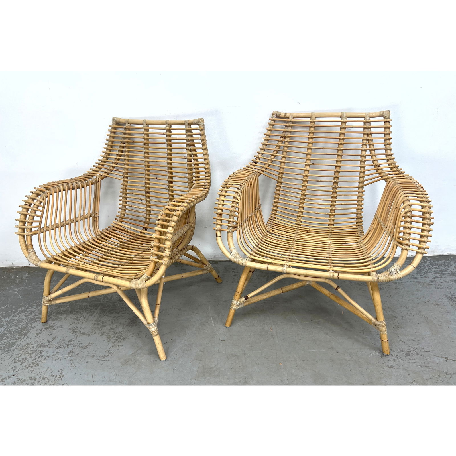 Pair Serena and Lily Venice Rattan Wicker Lounge Chairs.: Pair Serena and Lily Venice Rattan Wicker Lounge Chairs. Dimensions: Height: 34.5 inches, Width: 34 inches, Depth: 27 inches. - Seat Height: 14 inches --- - We offer curbside delivery for most items t