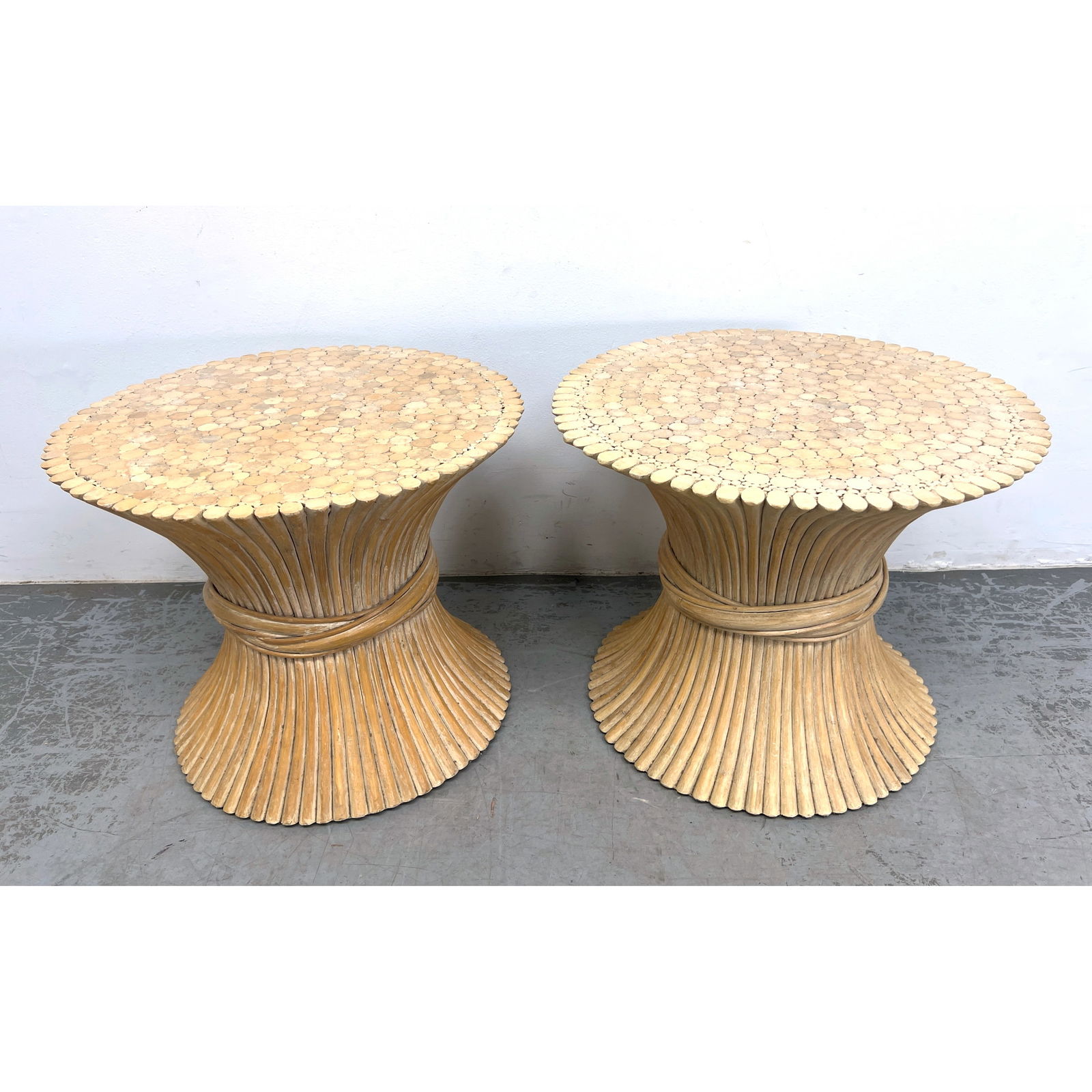 Pair McGuire Style Rattan Pedestal Side Table Bases. Sheaf of Wheat (1 of 10)
