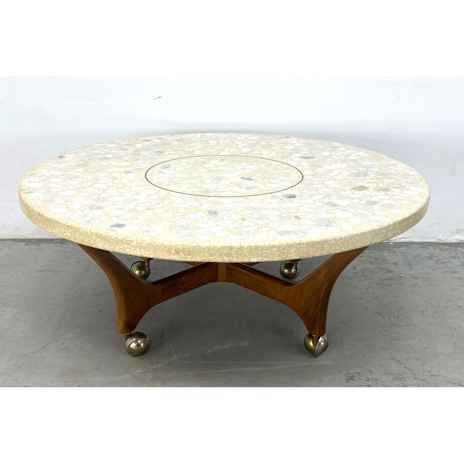 Harvey Probber style Inlaid Marble Terrazzo Coffee Table. 4 Modernist Walnut Legs with "X" stretcher (1 of 9)
