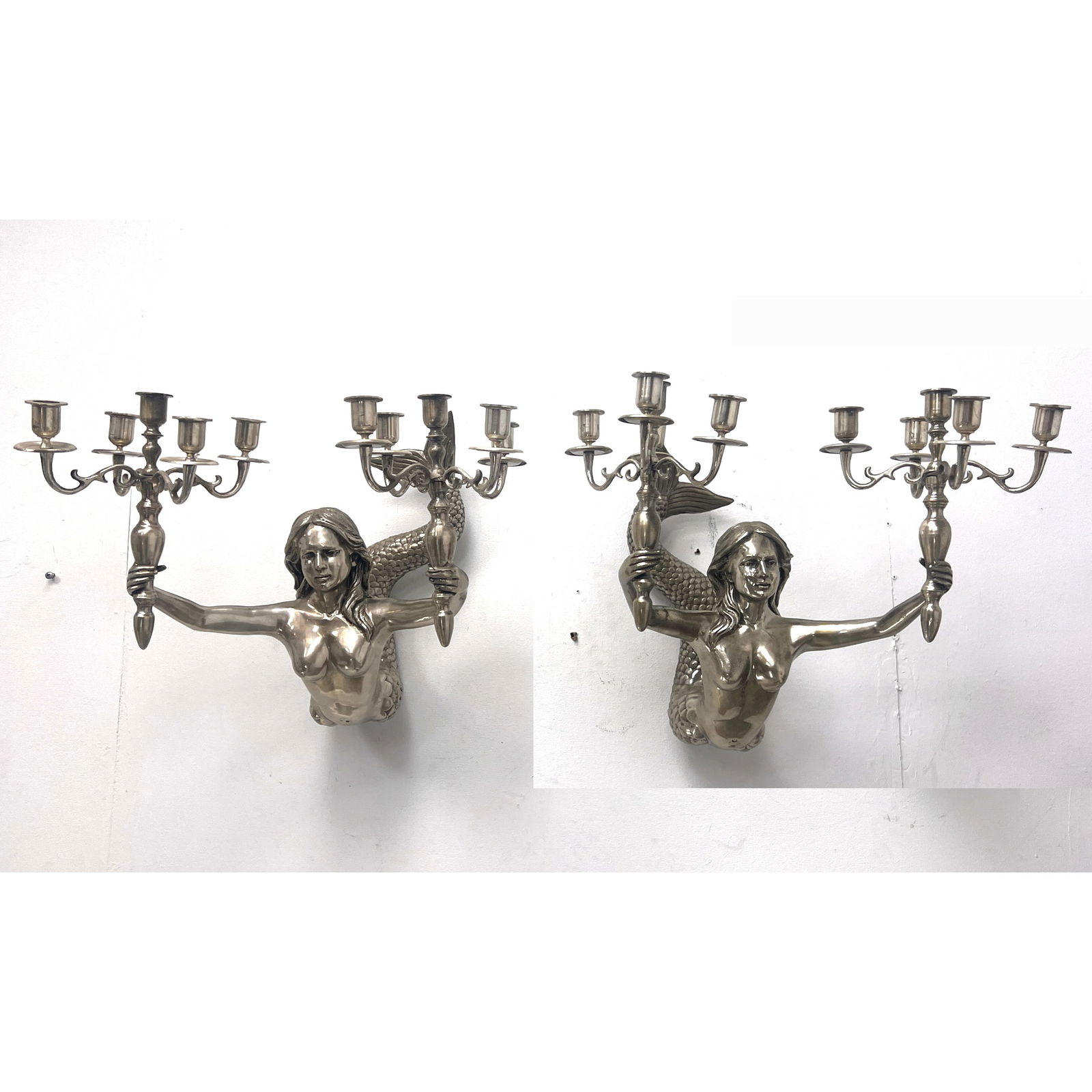 Pr Silvered Metal Figural Mermaid Candelabra Wall Sconces. Each hand supports a five candle holder. (1 of 14)