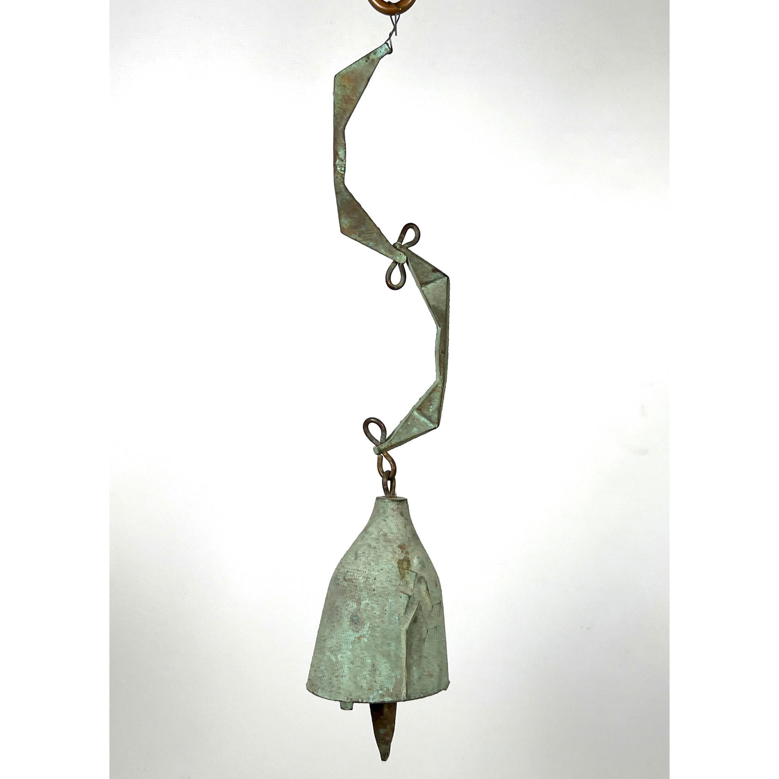 PAOLO SOLERI for ARCOSANTI Bronze Wind Bell Chime. Verdigris Patina: PAOLO SOLERI for ARCOSANTI Bronze Wind Bell Chime. Verdigris Patina Dimensions: Height: 14 inches, Width: 3.75 inches, Depth: 2.75 inches. --- US Packing and Shipping charge: In house shipping availab