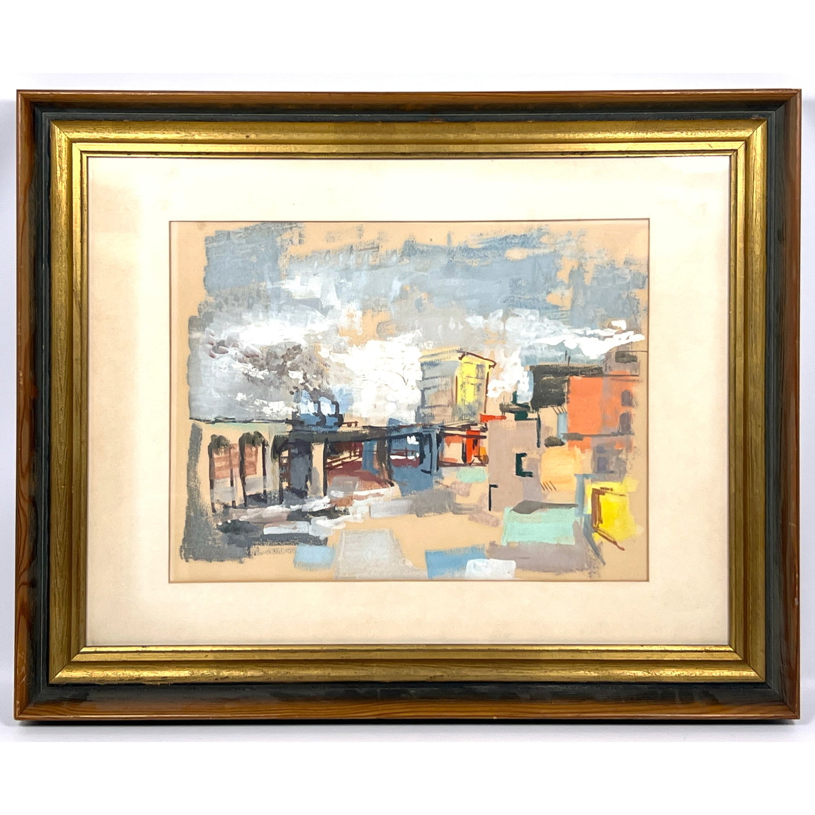 KASSOY Modernist Painting. Abstracted Town Scape. On paper. Signed.: KASSOY Modernist Painting. Abstracted Town Scape. On paper. Signed. Dimensions: Frame Height: 21.75 inches, Frame Width: 27.75 inches. - Image Size: Image Height: 12.75 inches, Image Width: 17.5 inche