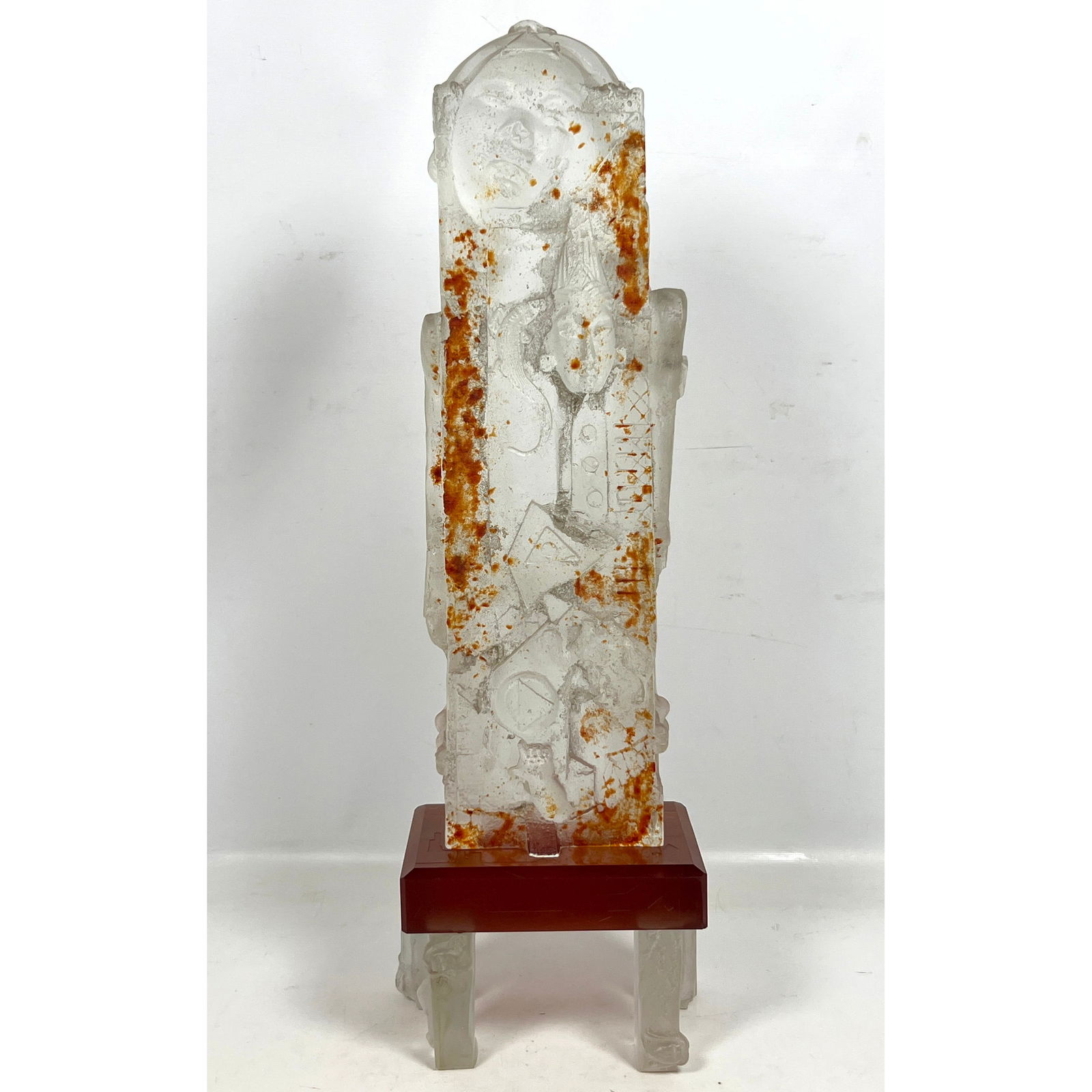 Erik Halvorsen Studio Art Glass Figural Sculpture. Modernist Glass form on Red Glass Base. (1 of 13)