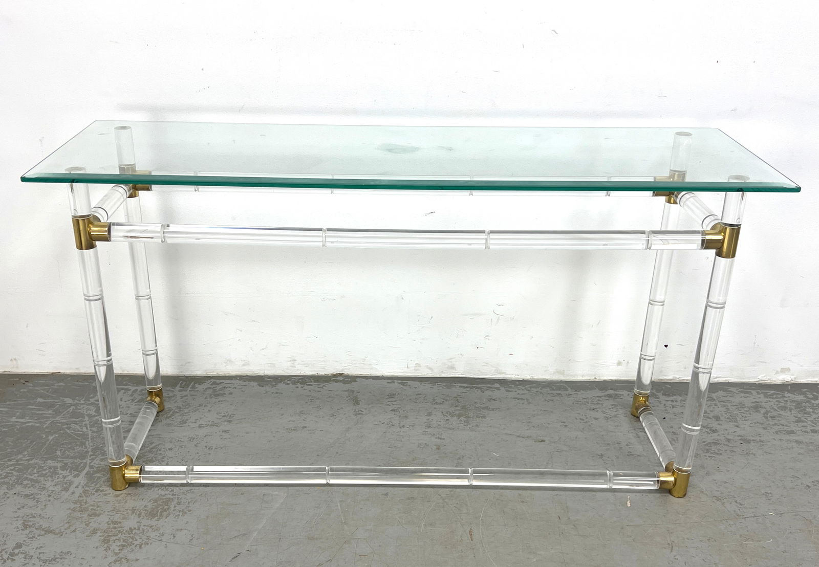 Charles Hollis Jones Style Lucite and brass faux bamboo console table, featuring a clear glass top w (1 of 8)