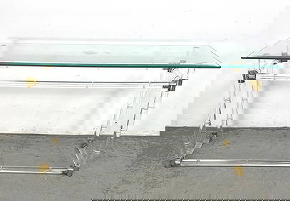 Charles Hollis Jones Style Lucite and brass faux bamboo console table, featuring a clear glass top w (1 of 8)