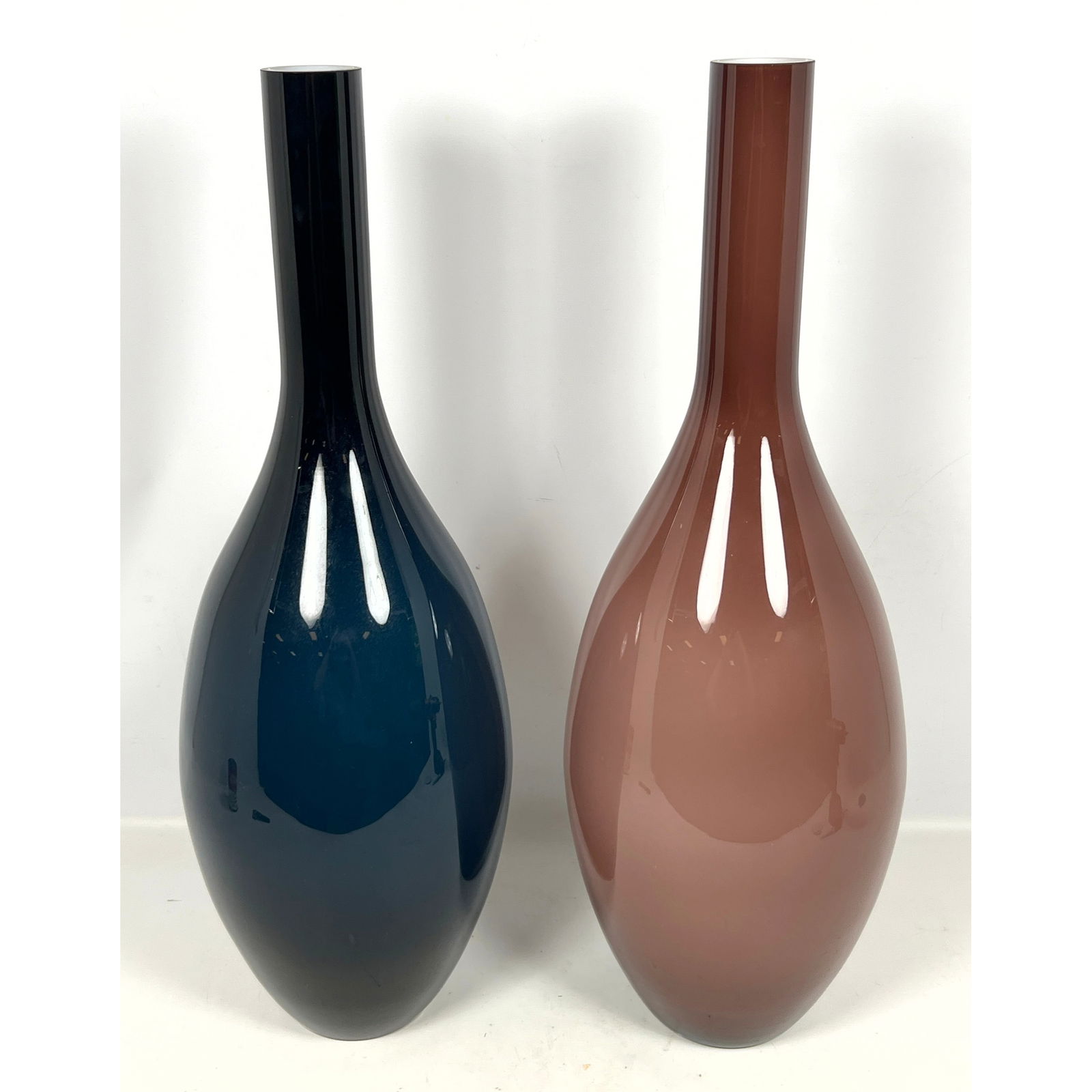 2pc Cased Glass Slender Neck Vases. Similar Vases, different colors. Unmarked. (1 of 12)