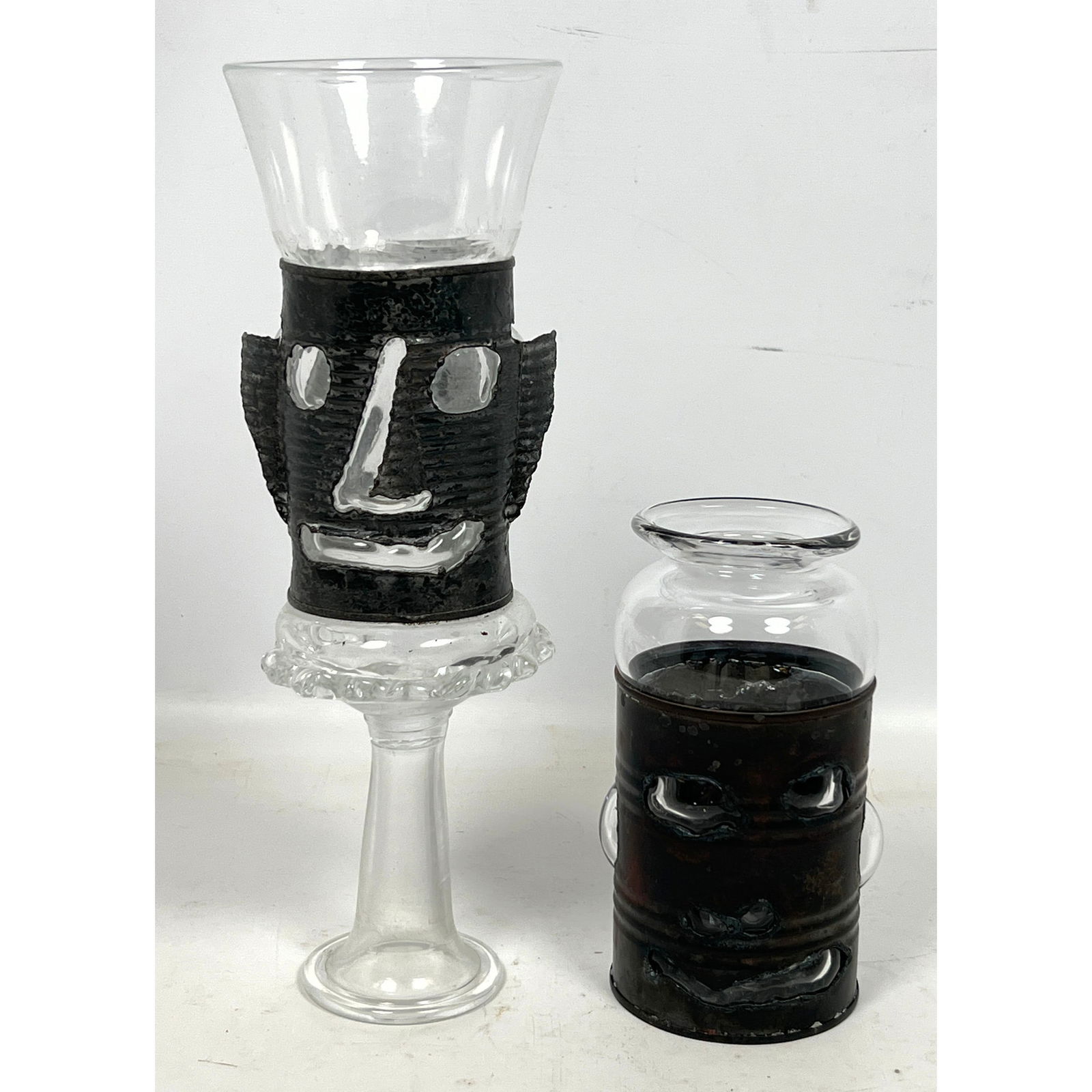 2pc HANK MURTA ADAMS Studio Glass Faces. Clear glass blown into tin cans with torch cut faces and de (1 of 14)