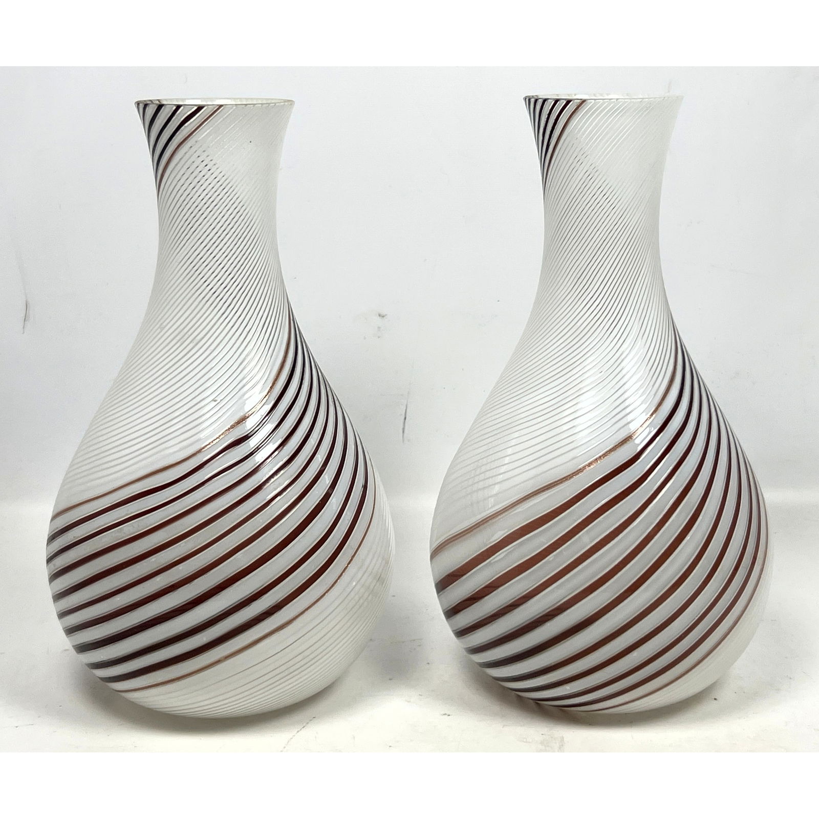 Pr. Attributed to Dino Martens for Aureliano Toso glass vases. Unmarked.: Pr. Attributed to Dino Martens for Aureliano Toso glass vases. Unmarked. Dimensions: Height: 12 inches, Width: 6.5 inches, Depth: 6.5 inches. --- US Packing and Shipping charge: In house shipping avai