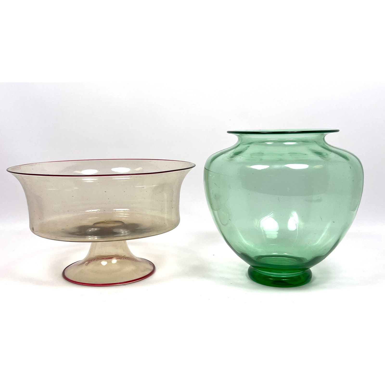2pcs Italian Zecchin glass pink compote and green glass vase. Unsigned. (1 of 13)