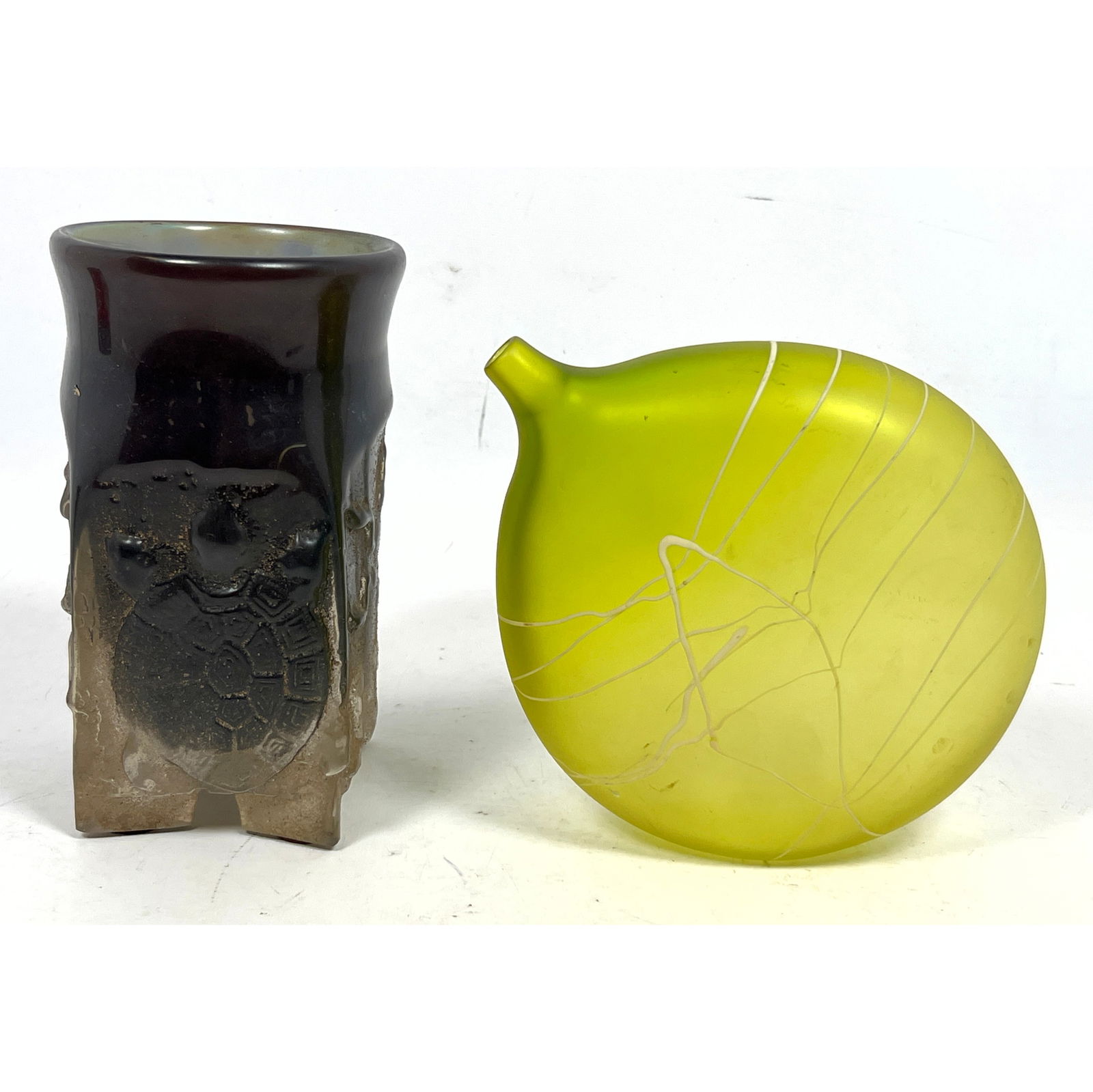 2 Pcs Studio Art Glass Objects. 2002 Neal Drobnis Heavy Mold Blown Glass Vase Decorated with turtle (1 of 12)