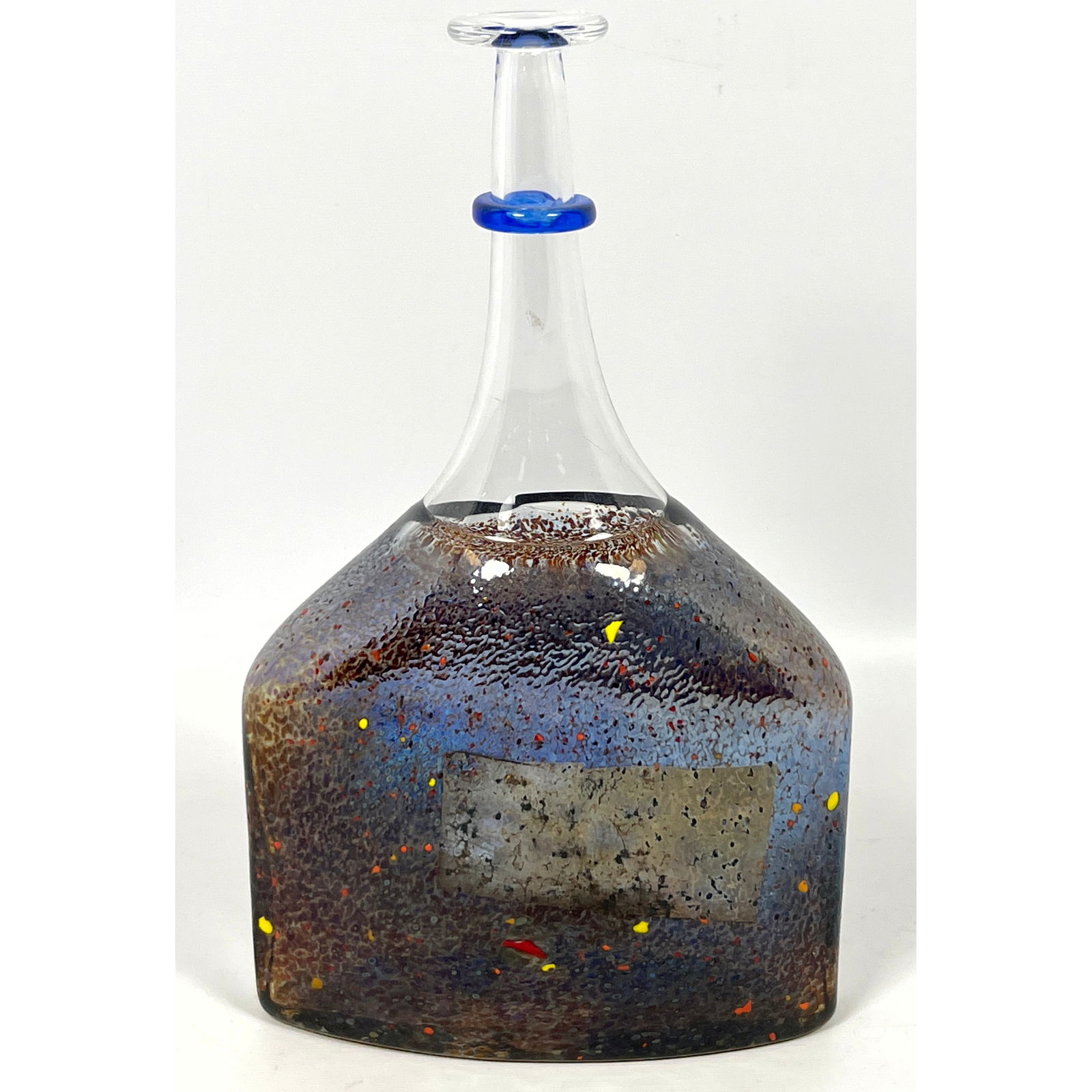 BERTIL VALLIEN for KOSTA BODA Studio Glass Bottle. Satellite Series Flask Vase. Long Narrow Clear Gl: BERTIL VALLIEN for KOSTA BODA Studio Glass Bottle. Satellite Series Flask Vase. Long Narrow Clear Glass Tapered Neck with Blue Ring Accent. Signed Vallien 7089263. Kosta Label. Dimensions: Height: 12