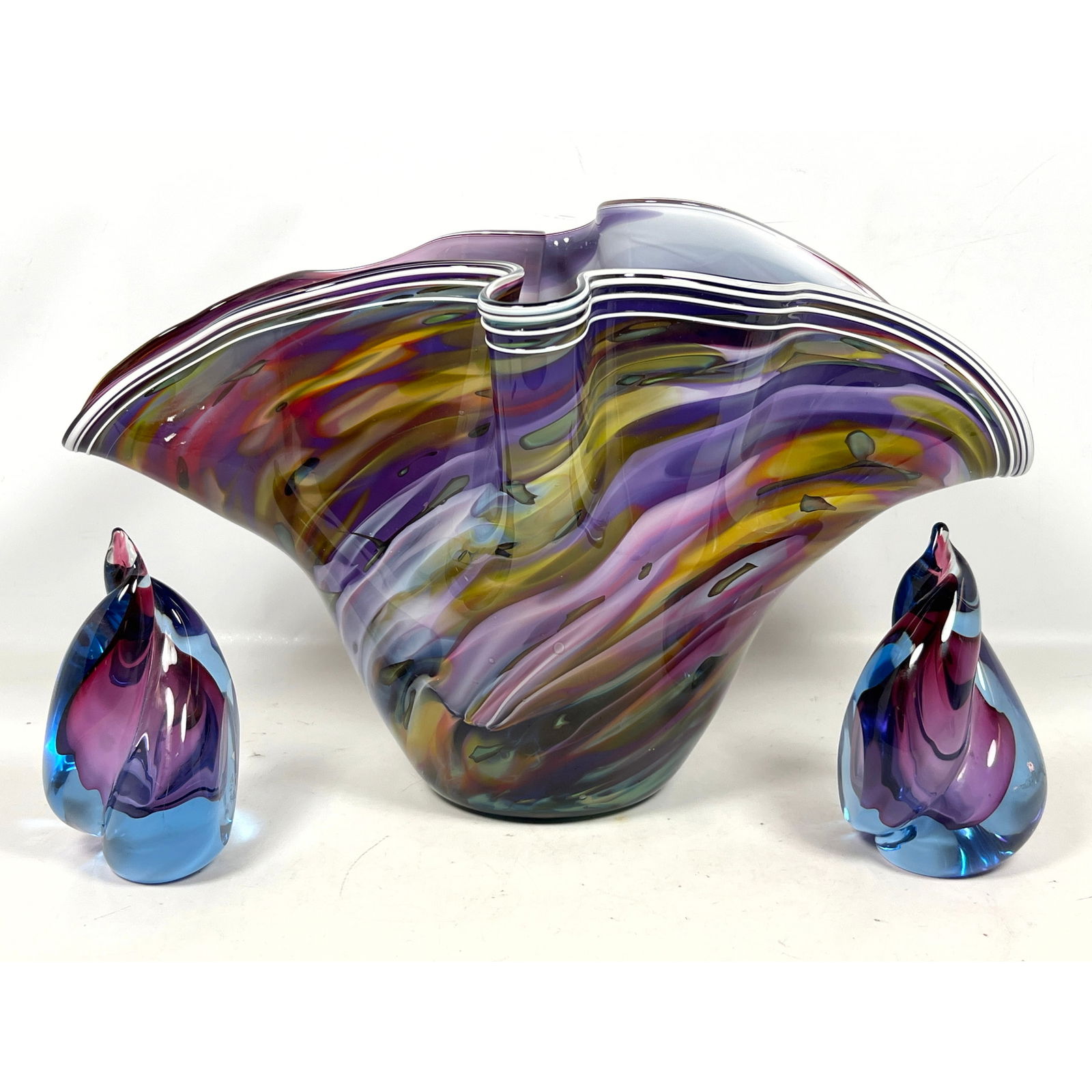 Art Glass Lot. Paul Allen Counts Furled Murrini Sculpture Vase. Pair Murano Glass Bookends. Barbini (1 of 15)