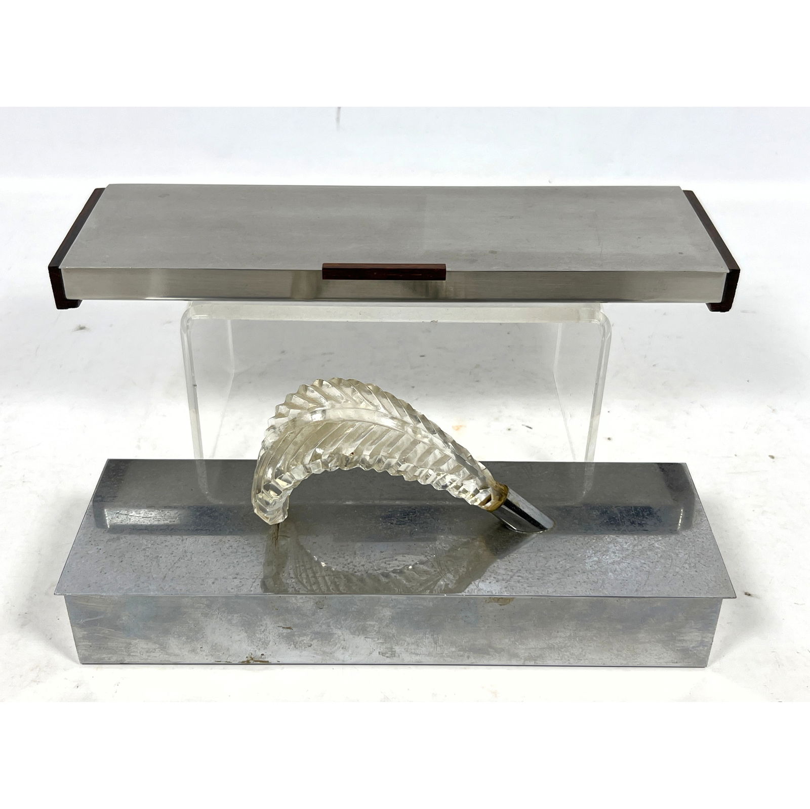 2pcs Art Deco Style Dresser Boxes. Vintage Glass Feather Chrome Box, Style and Danish Modern Rosewoo (1 of 12)