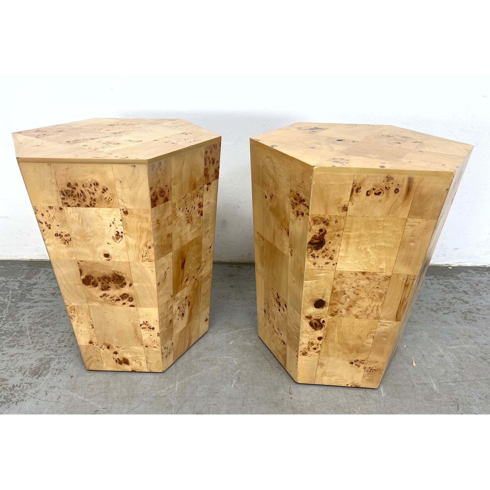 Pair of hexagonal pedestals Patchwork Burl wood Pedestal Stands. (1 of 14)