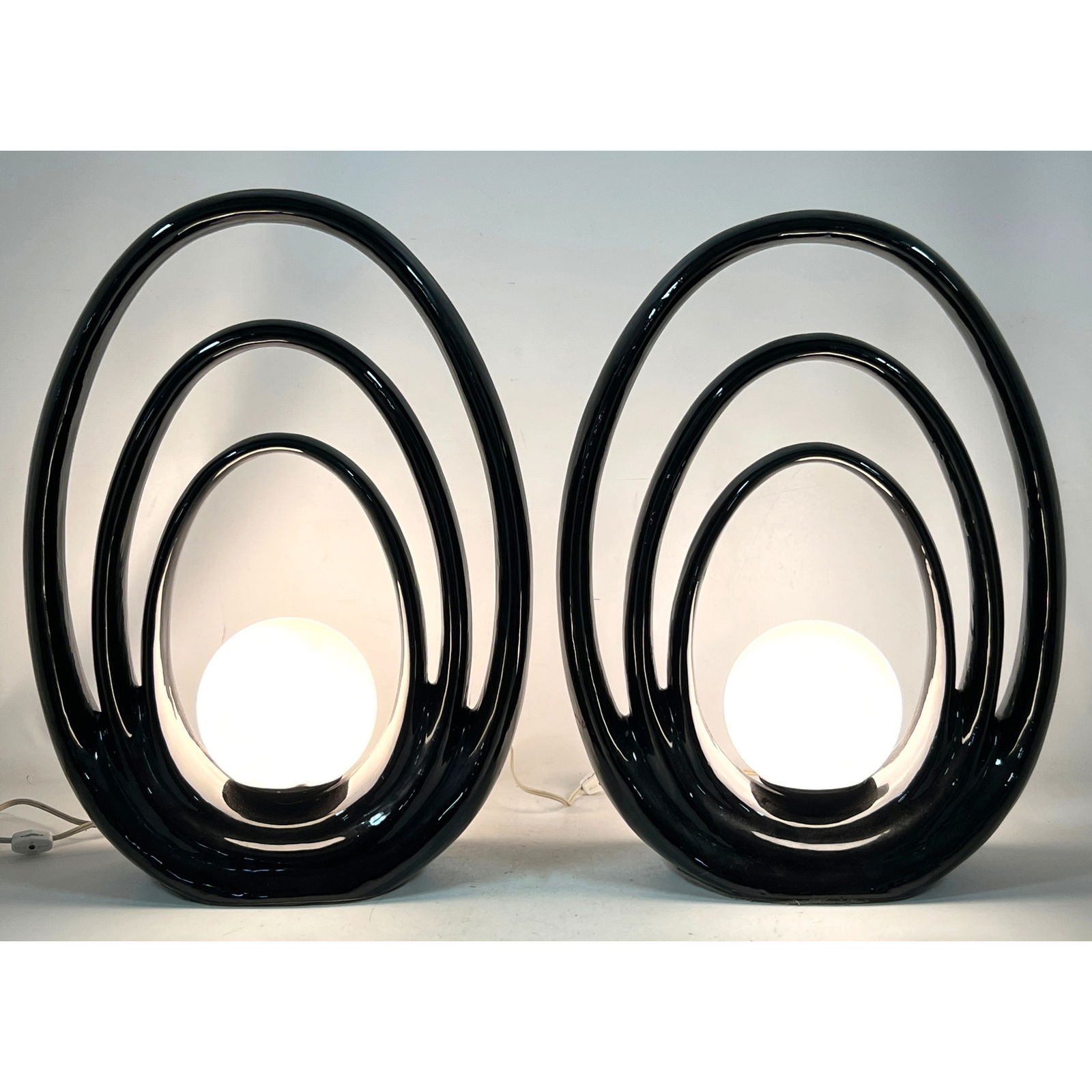 Pair Modernist Porcelain Table Lamps with Glass Shades. Op Art Ceramic Halo. (1 of 14)
