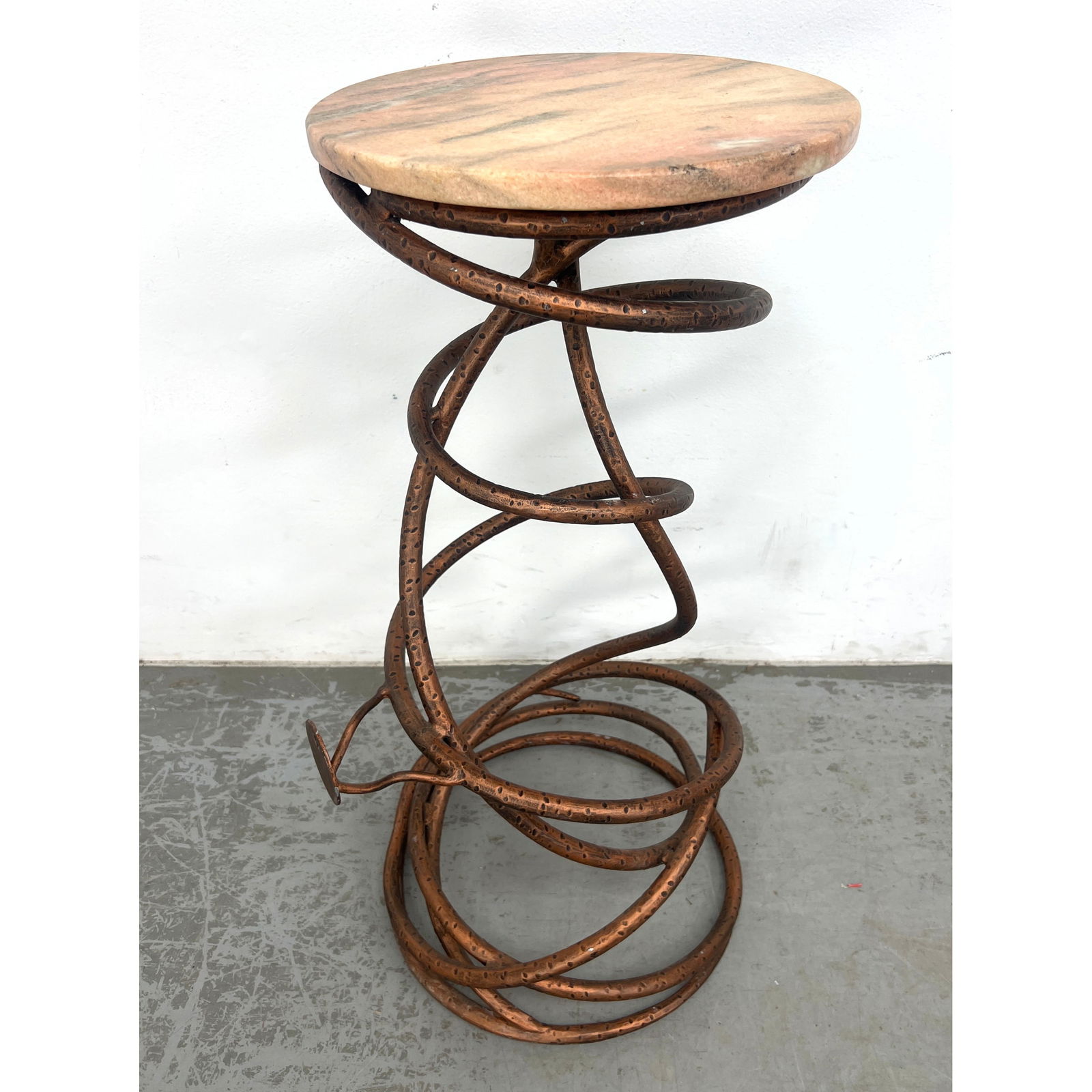 Snake Coil Wrought Iron Marble Top Pedestal Fern Stand. Has part to mount to wall for security.: Snake Coil Wrought Iron Marble Top Pedestal Fern Stand. Has part to mount to wall for security. Dimensions: Height: 32.5 inches, Width: 19 inches, Depth: 14 inches. --- - We offer curbside delivery fo