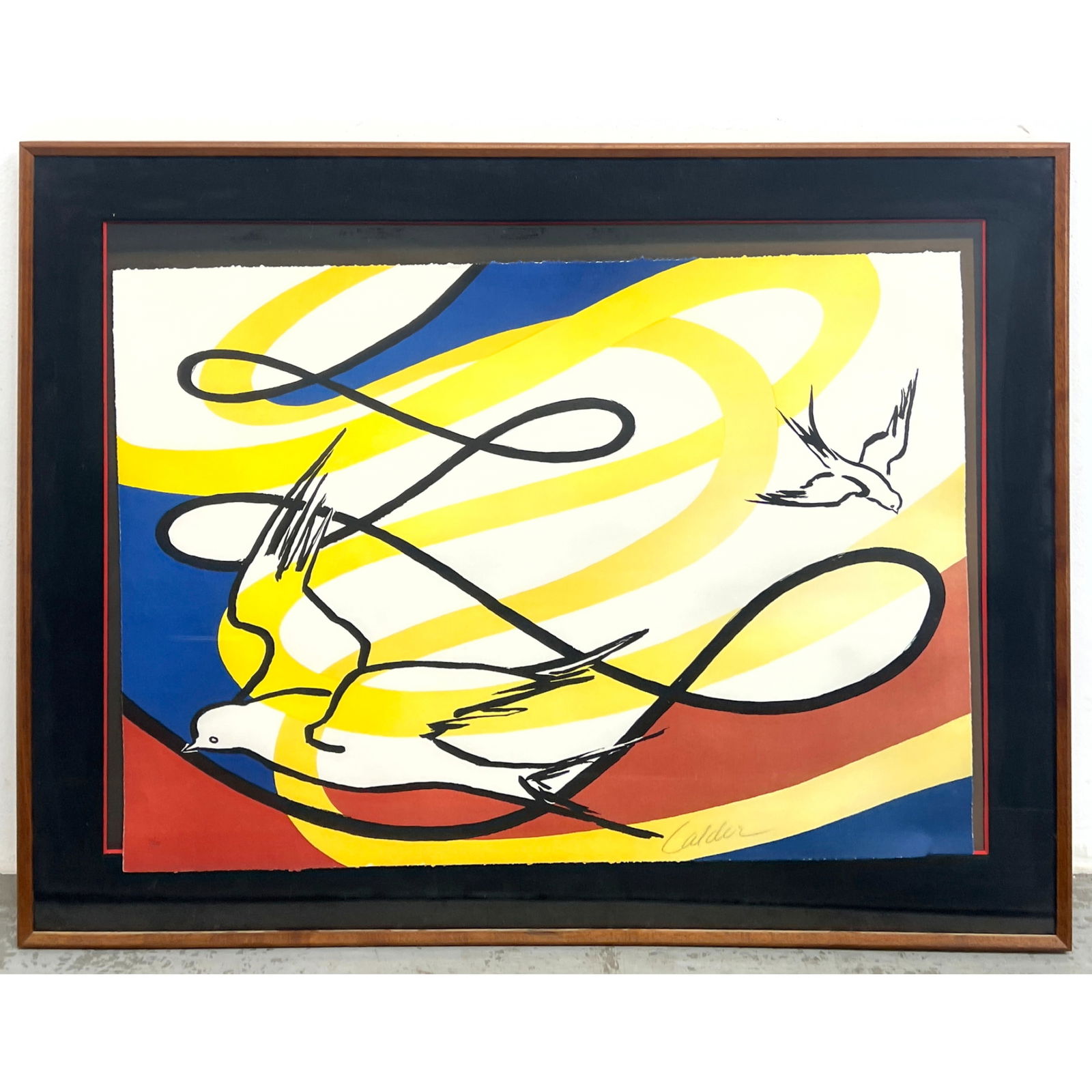 Signed and Numbered Alexander Calder Dove Serigraph. 50/125. The artwork features a vibrant abstract: Signed and Numbered Alexander Calder Dove Serigraph. 50/125. The artwork features a vibrant abstract composition of swirling yellow, blue, and red forms accented with bold black lines and stylized whi