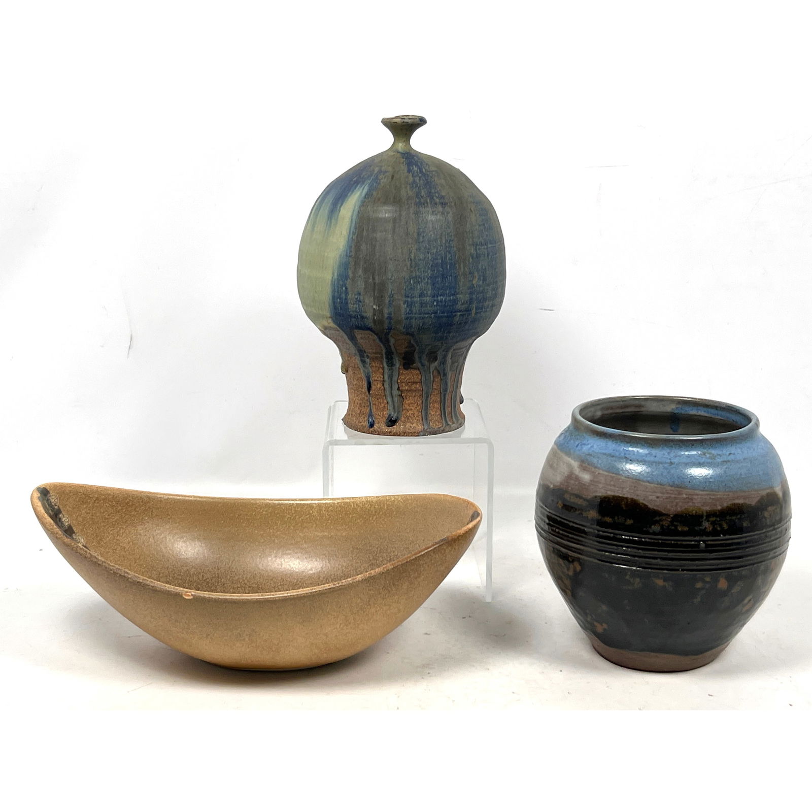 3pcs Studio Pottery. Signed Glazed Stoneware, and Lapid Bowl. (1 of 15)