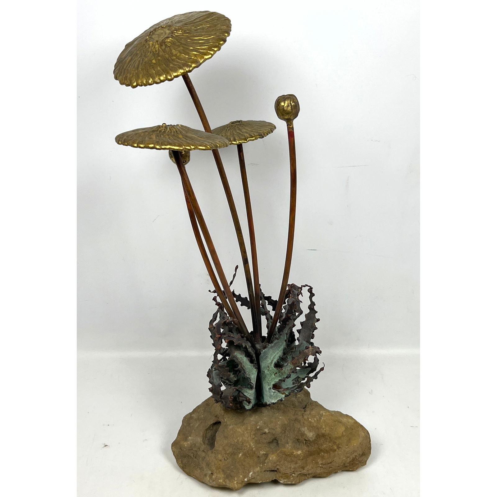 John Steck Bronze Brutalist Table Sculpture. Bronze, copper, stone. Mushrooms and plants. Signed Ste (1 of 11)