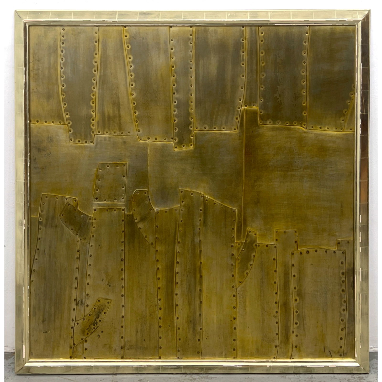 Large Artist Signed Patinated Metal Collage Panel wall Art. Metal plated with nail head design. Mode (1 of 14)