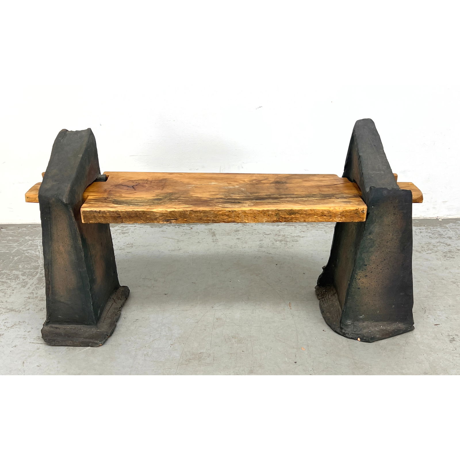 Terracotta Wood Slab ADEEN ARROY Bench. Artisan Made. Two Heavy Ceramic Plinths support cantilever w (1 of 9)