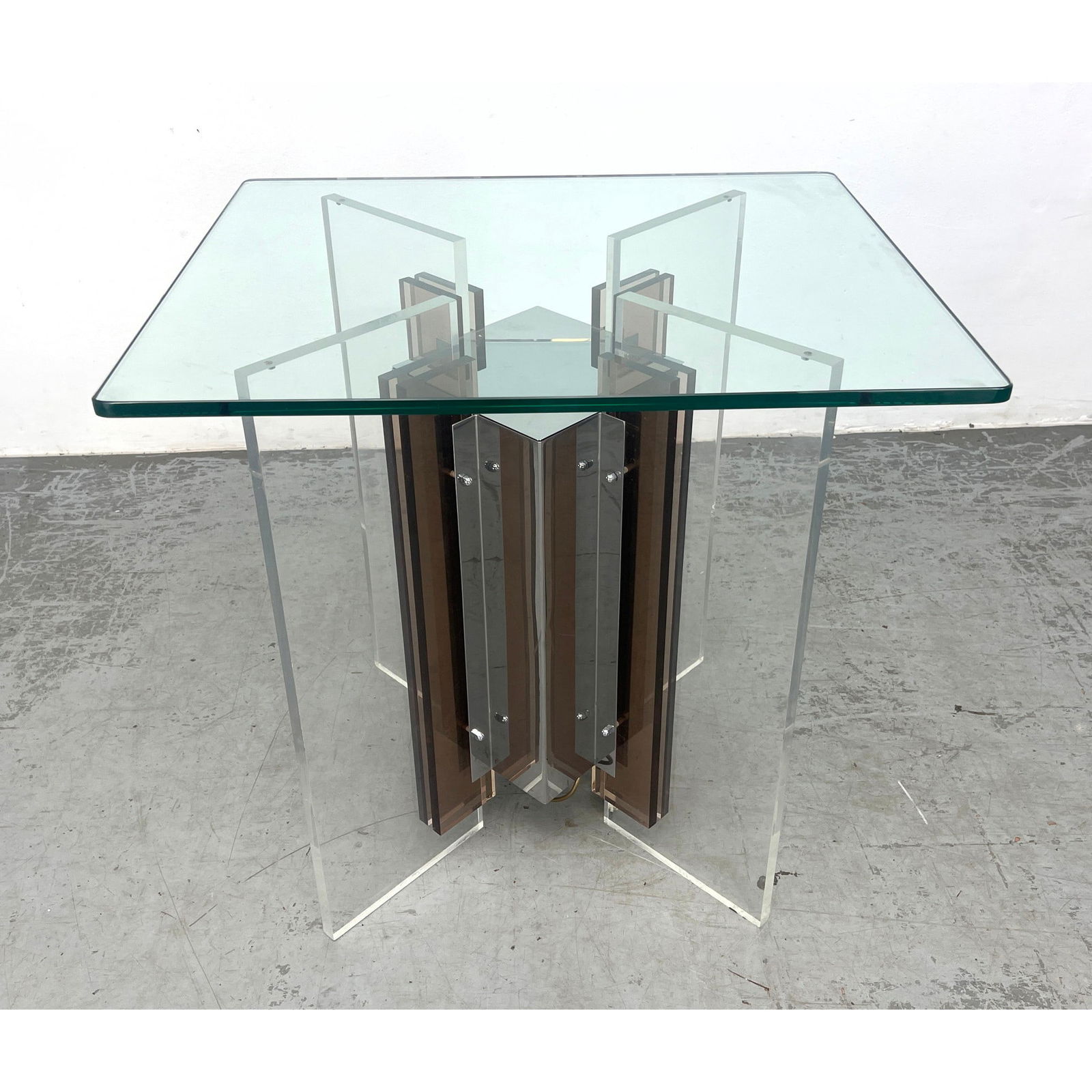 PHILIPPE JEAN Chrome, Glass Light Up Table. Square Glass Top. Marked PH JEAN. Has European plug. (1 of 10)