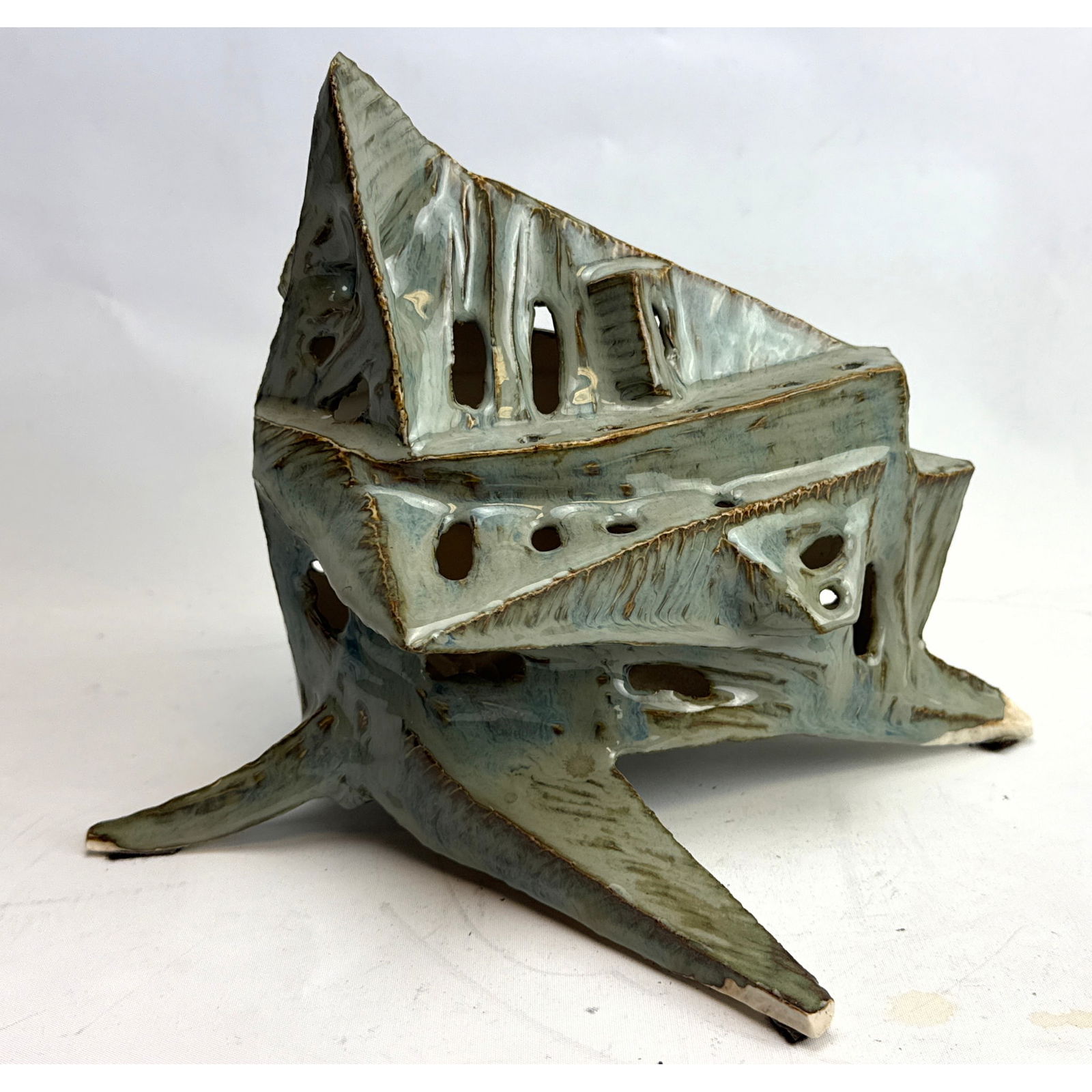 Brutalist Glazed Pottery Modernist Abstract Sculpture. Multi Faceted Form with Small "Windows". Warm (1 of 9)
