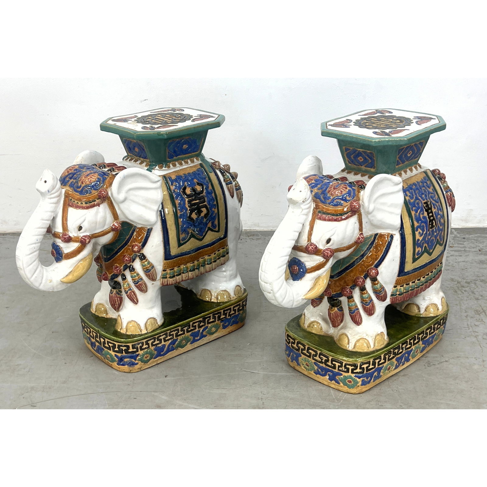 Pr Figural Elephant Pottery Display Pedestals Side Tables. Crackle Glaze. Garden stools. (1 of 16)