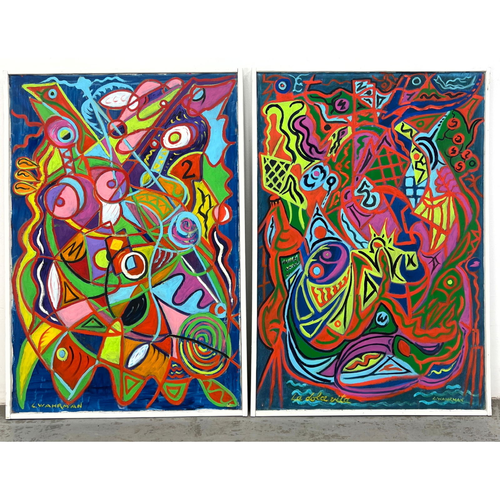 2pc Charles Wahrman Colorist Abstract Oil Paintings on Canvas. Signed C Wahrman. Photocopy of Exhibi (1 of 12)