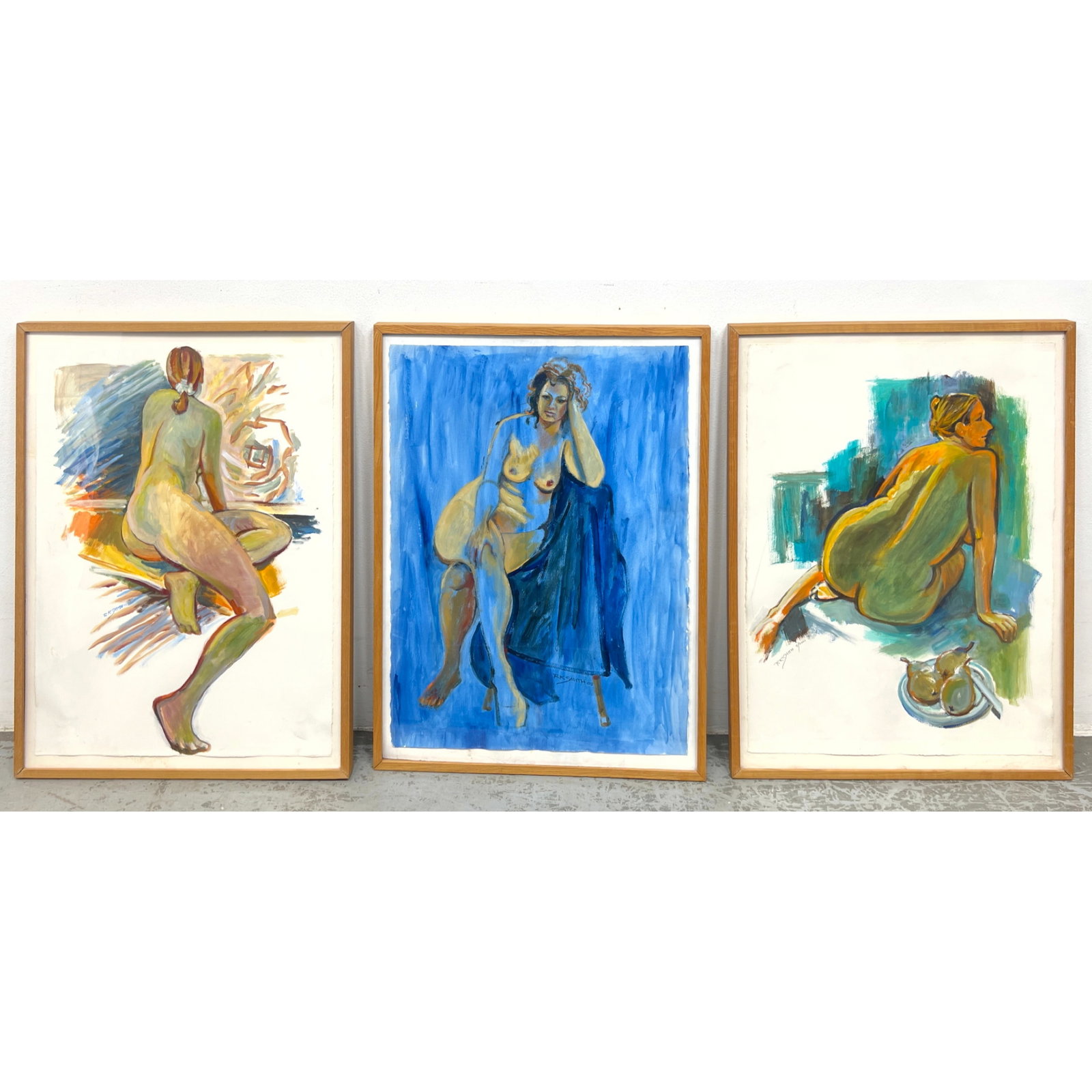 3pcs Raymond K Smith Nude Study Paintings on Paper. Writing on the back state the medium as "Acrylic: 3pcs Raymond K Smith Nude Study Paintings on Paper. Writing on the back state the medium as "Acrylic," with titles "April Life Study" and "Life Study-Gail." Dimensions: Frame Height: 33 inches, Frame 
