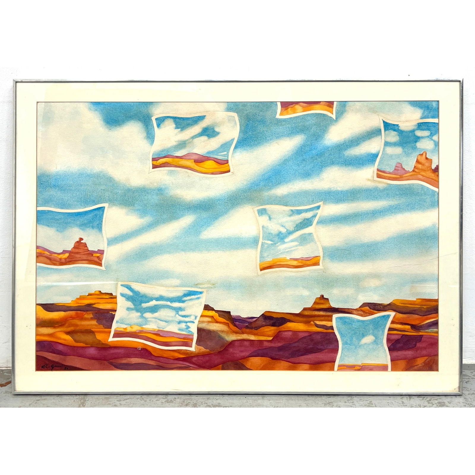 Artist Signed Watercolor Painting. Surreal. The artwork depicts a fragmented desert landscape under: Artist Signed Watercolor Painting. Surreal. The artwork depicts a fragmented desert landscape under a blue sky, featuring several irregularly shaped "windows" revealing partial views of similar scenes