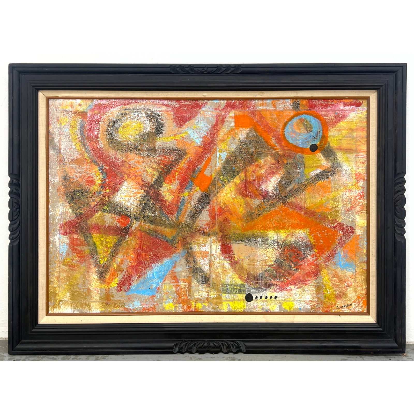 DENNIS SAKELSON Abstract Graphic Painting on Canvas. Stylized figures.: DENNIS SAKELSON Abstract Graphic Painting on Canvas. Stylized figures. Dimensions: Frame Height: 31 inches, Frame Width: 43.5 inches. - Image Size: Image Height: 23.5 inches, Image Width: 35.5 inches.