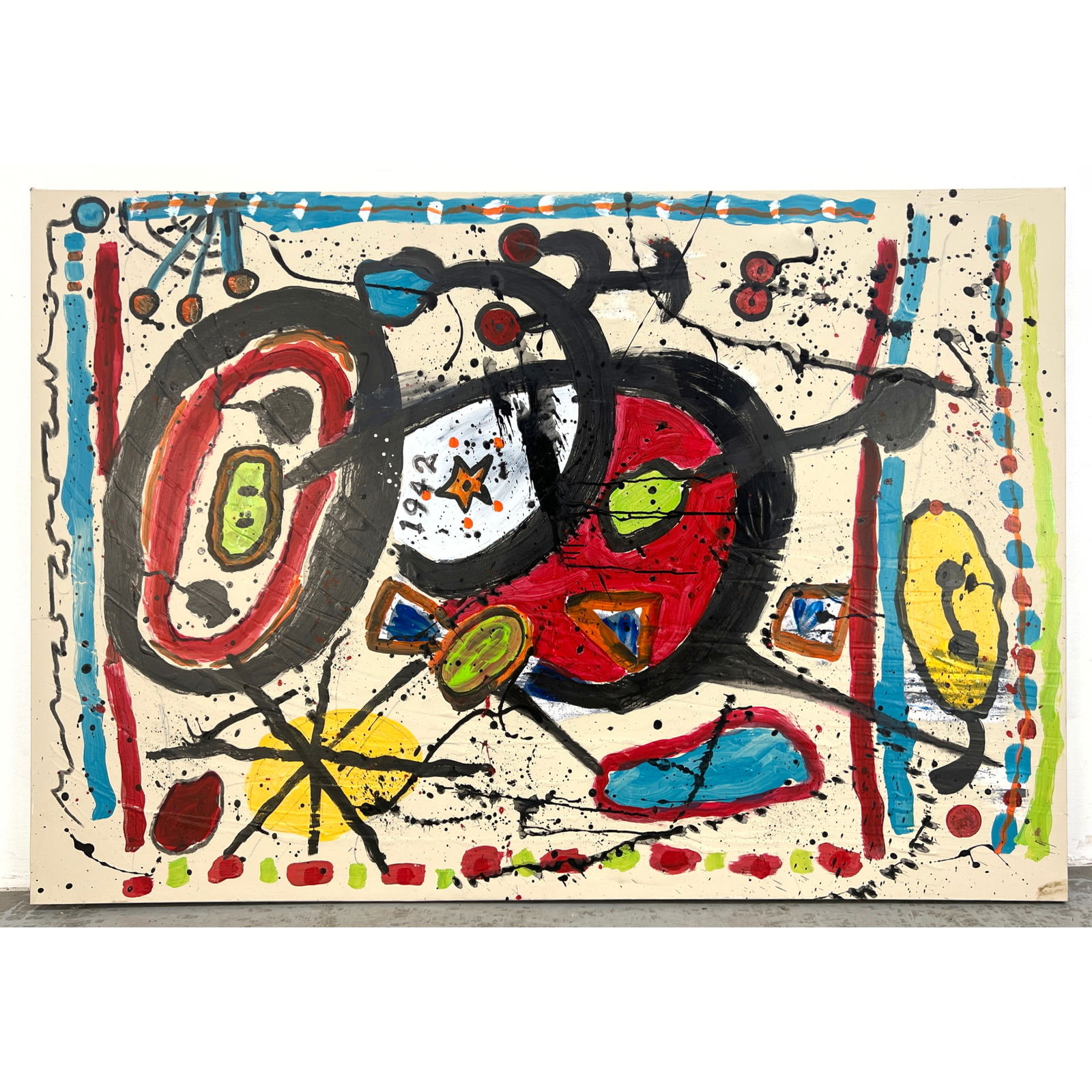 Large DENNIS SAKELSON Abstract Modern Painting on Canvas. Miro Style. (1 of 8)