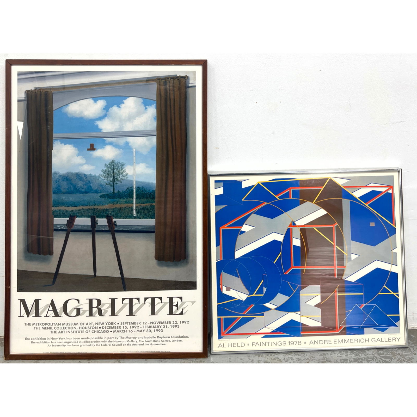 2pcs Exhibition Posters. Magritte and Al Held.: 2pcs Exhibition Posters. Magritte and Al Held. Dimensions: Height: 40 inches, Width: 27 inches. - Additional Dimensions: Smaller H: 24.25 inches, W: 27 inches --- - We offer curbside delivery for most