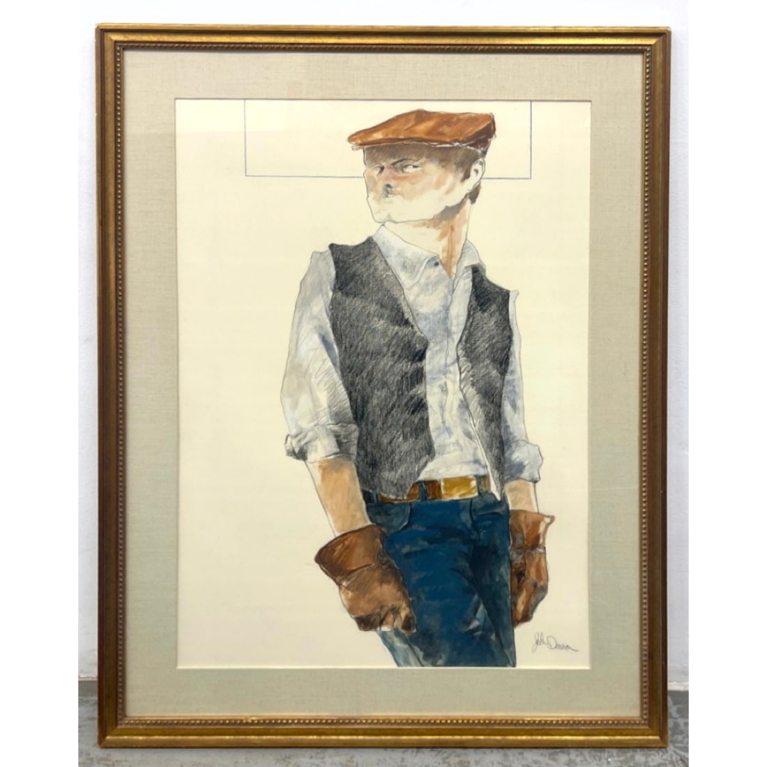 John Dawson Mixed Media Painting on Paper. Man in Jeff Cap. (1 of 8)