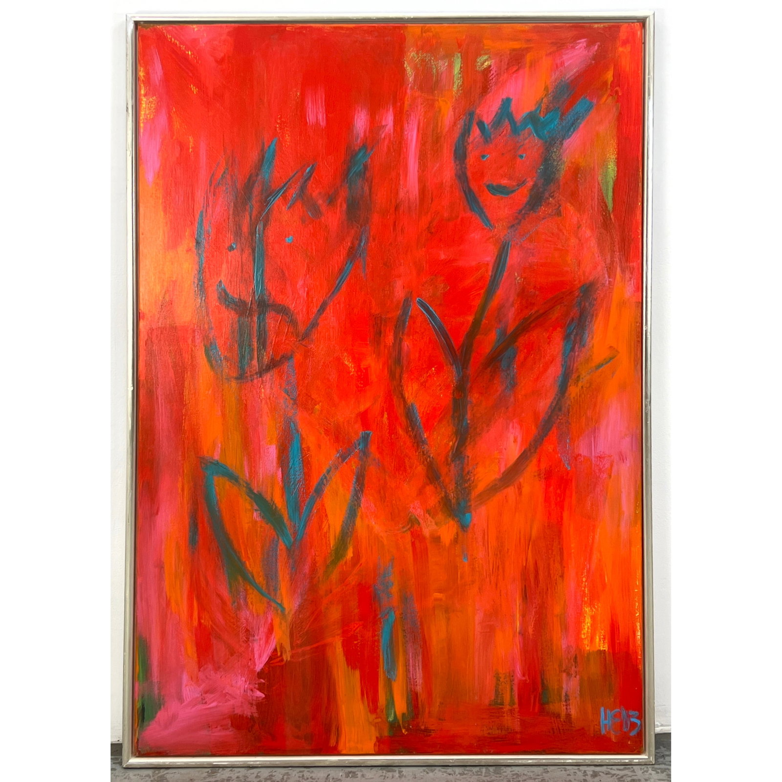 HE 03 Large oil painting on canvas. Abstract floral with bold, energetic brushstrokes in a warm pale: HE 03 Large oil painting on canvas. Abstract floral with bold, energetic brushstrokes in a warm palette dominated by reds, oranges, and magentas, with accents of teal or turquoise. Signed. Dimensions: