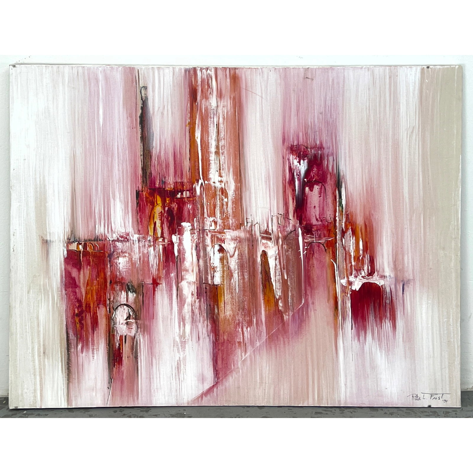 RITA L FROST Abstract Modernist Painting. Shades of red and rust on vertically brushed white ground.: RITA L FROST Abstract Modernist Painting. Shades of red and rust on vertically brushed white ground. Signed and dated 1971. Dimensions: Height: 30 inches, Width: 40 inches. --- - We offer curbside del